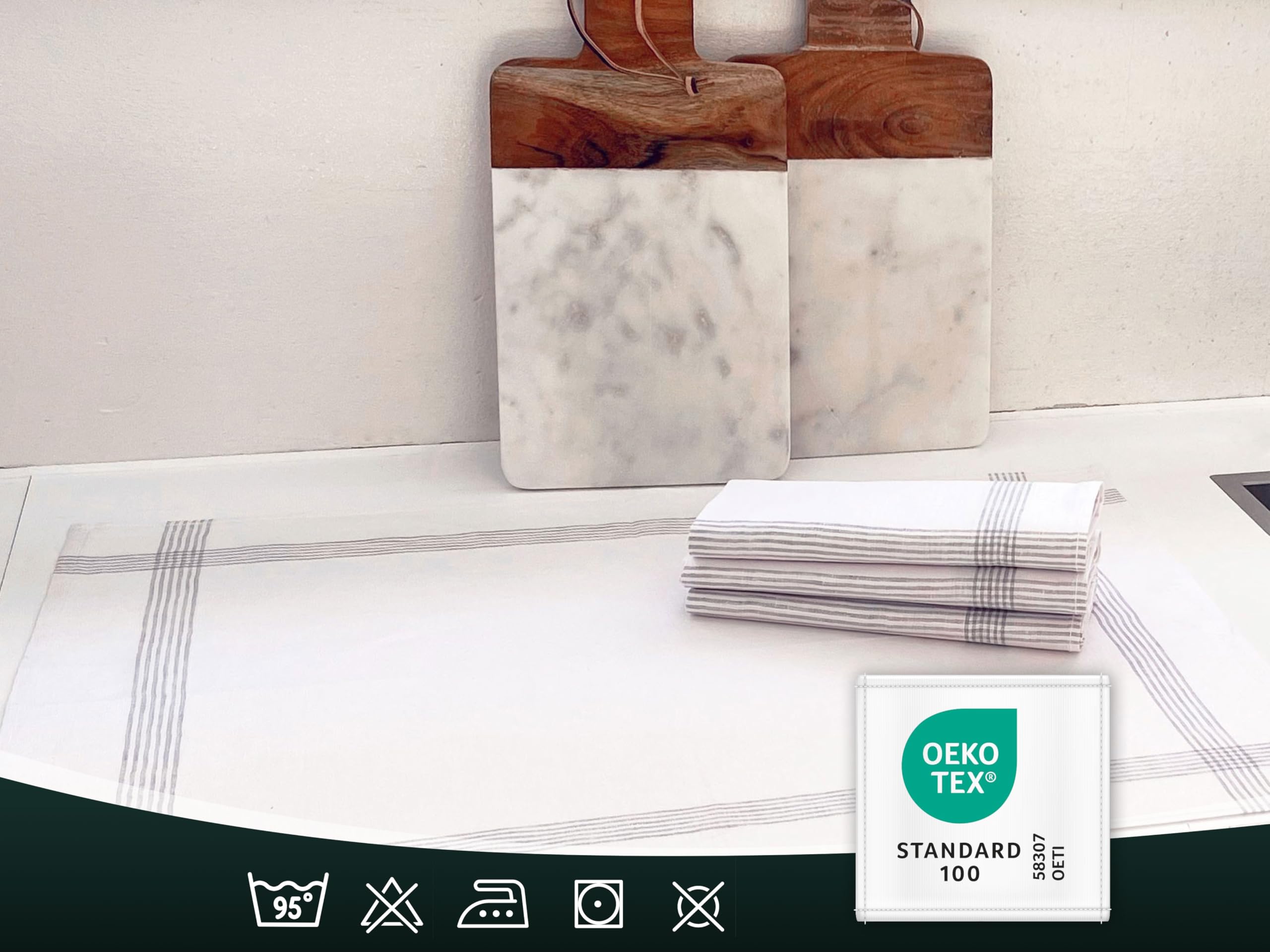 ZOLLNER 4 strofinacci 100% lino, 50x70 cm, bianco con righe grigio chiaro