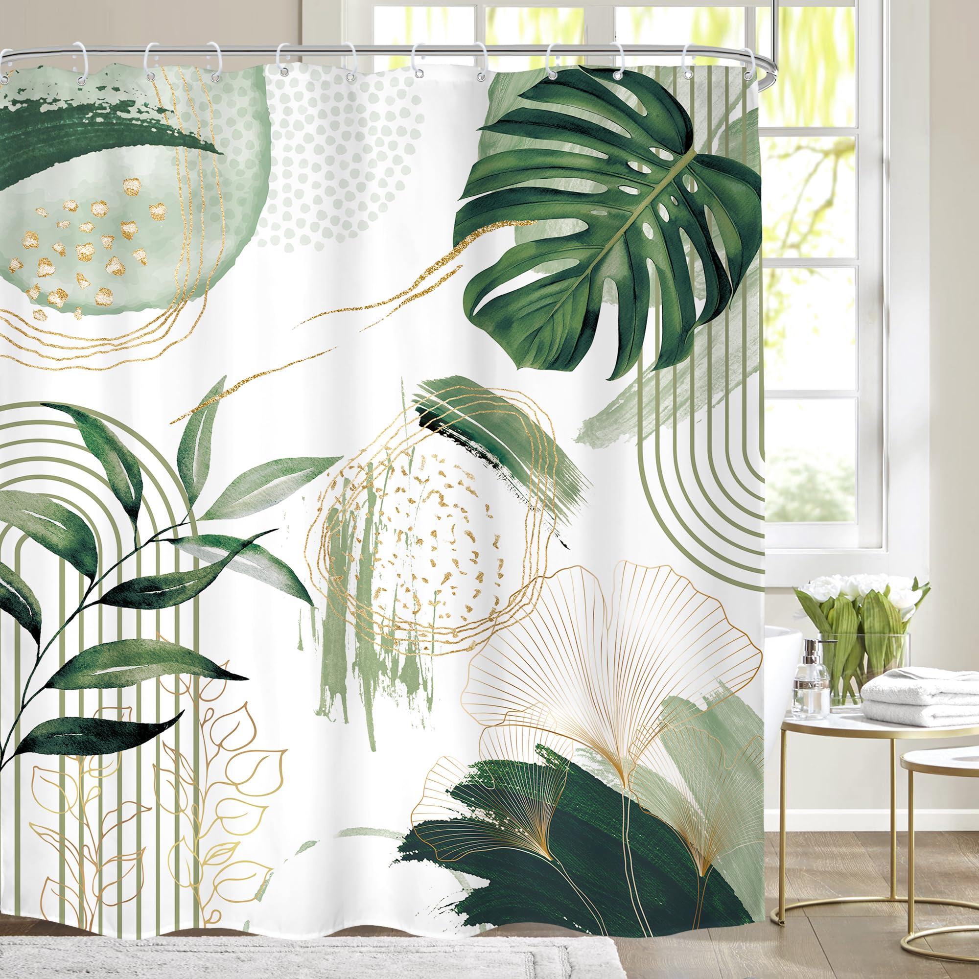 Mitpok Sage Green Boho Shower Curtain Extra Long Modern Abstract Tropical Leaves Bohemian Gold Palm Leaf Mid Century 72Wx84H Bathroom Decor Geometric
