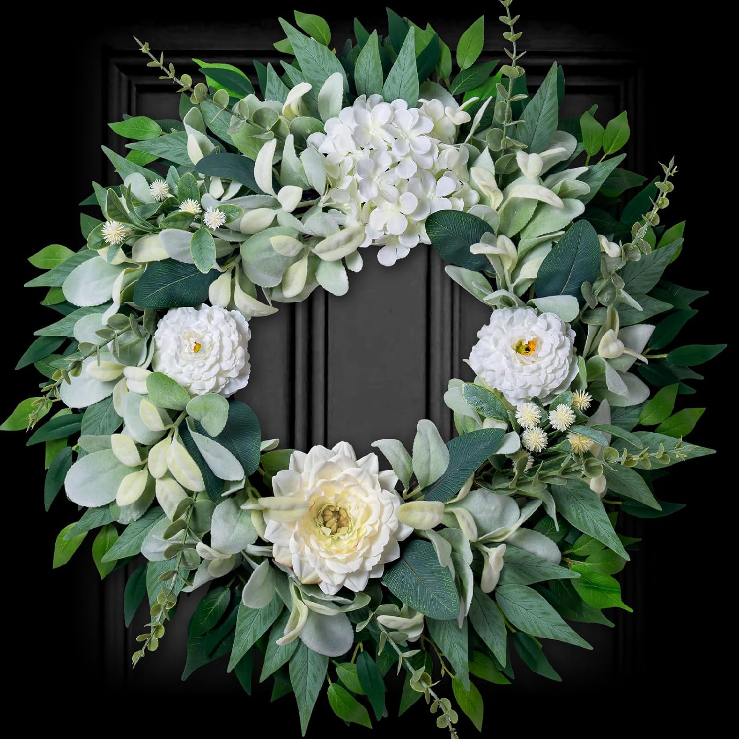 Spring Summer Wreath for Front Door Year-Round, 20" Artificial Greenery Wreath for Porch Wall Window, Farmhouse Holiday Decor with Lamb’s Ear Hydrangea Peony