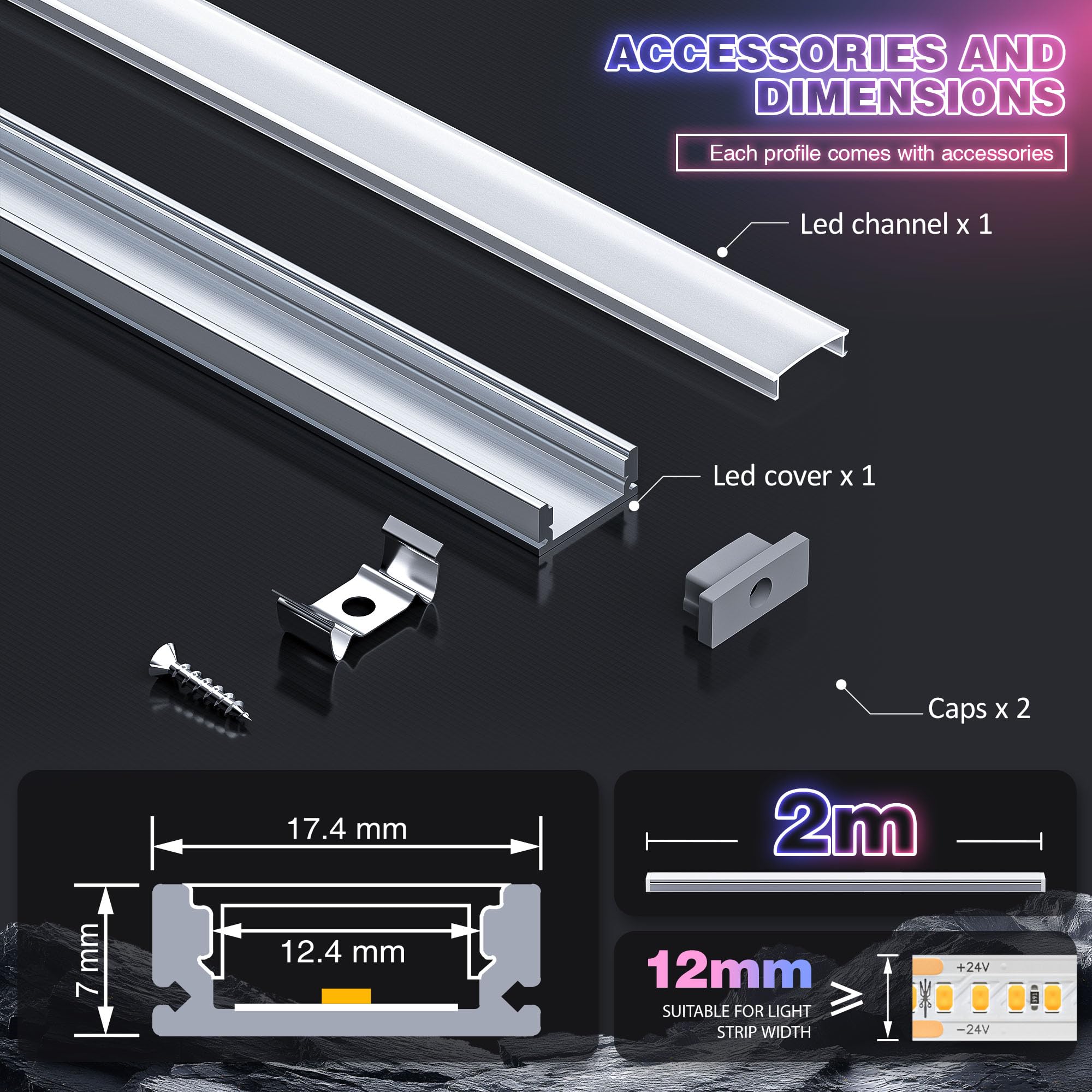 Profil aluminiowy LED, 2 m x 15 szt. (30 m), profil aluminiowy LED do LED, aluminium z mleczną pokrywą, zaślepkami i uchwytem montażowym, metalowe klipsy mocujące