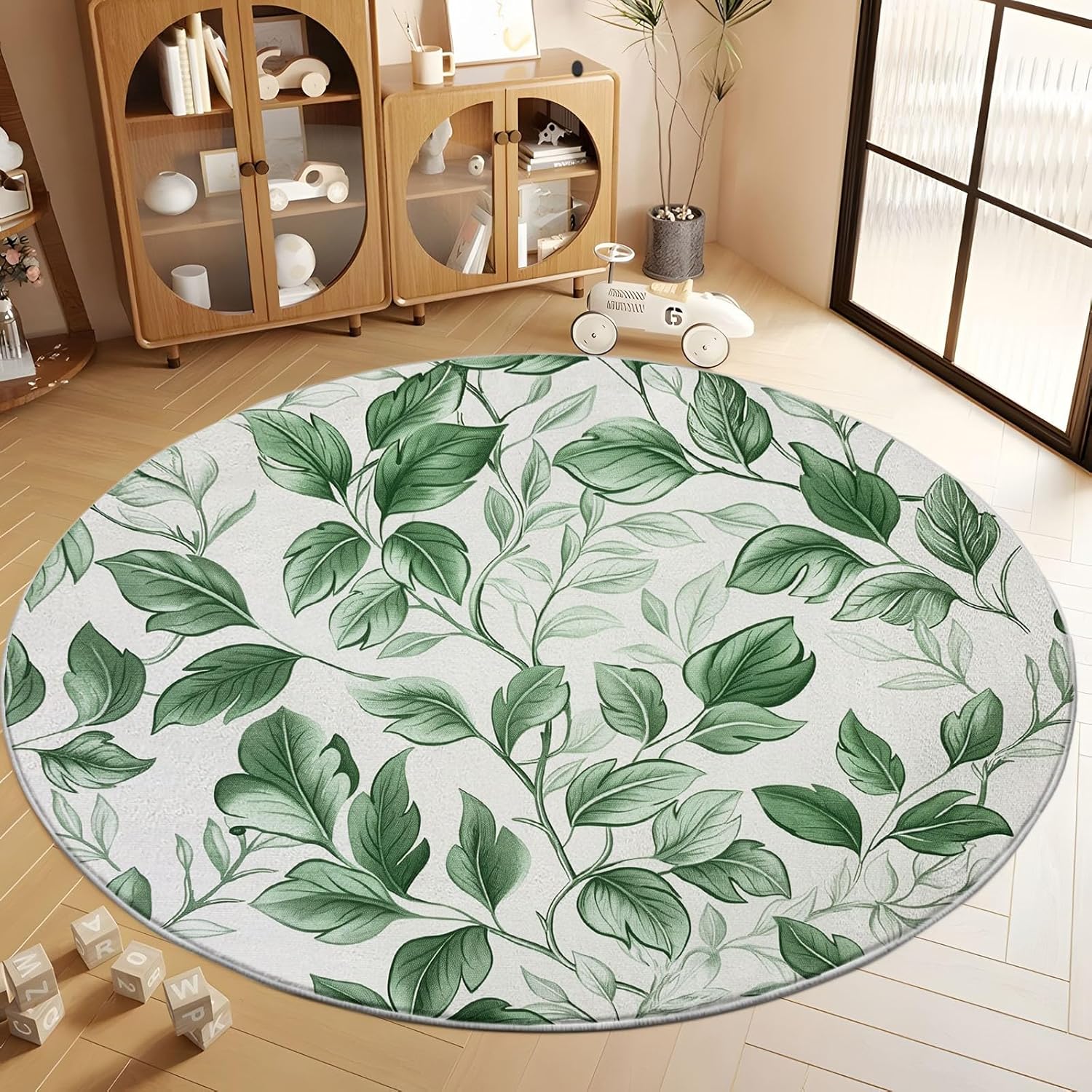 Machine Washable 2 ft Round Area Rugs, Soft Watercolor Style Plant Leaves Indoor Carpets - Stripes Low Pile Non Slip Rugs for Living Room Bedroom Dining Room Decor Round Carpet 2' x 2'