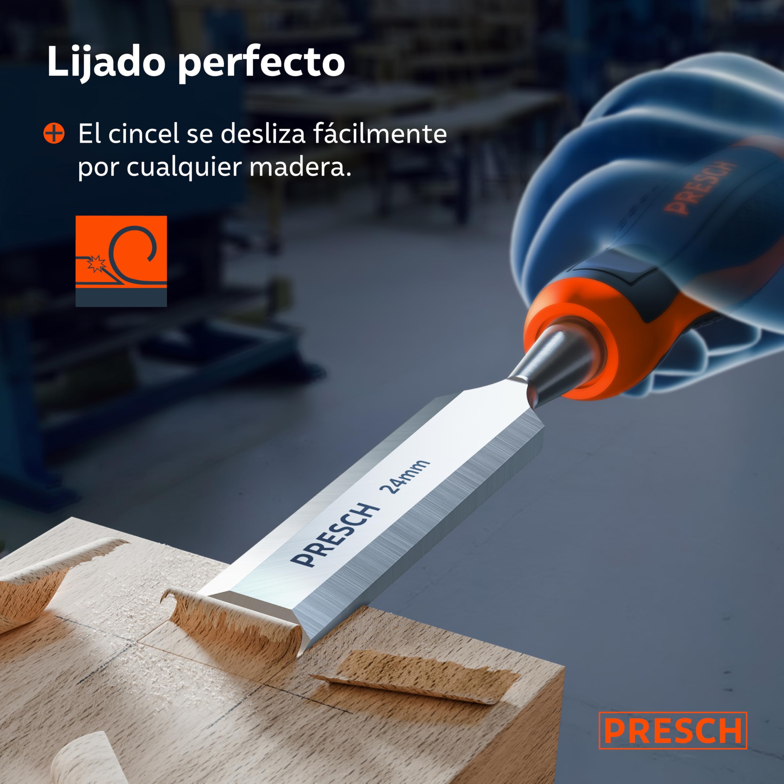 Presch Juego de cinceles para madera 6 uds. - Completamente afilados (6, 12, 18, 24, 32, 38mm) - Con ángulo de cuña de 25° e una robusta caperuza metálica para impactos