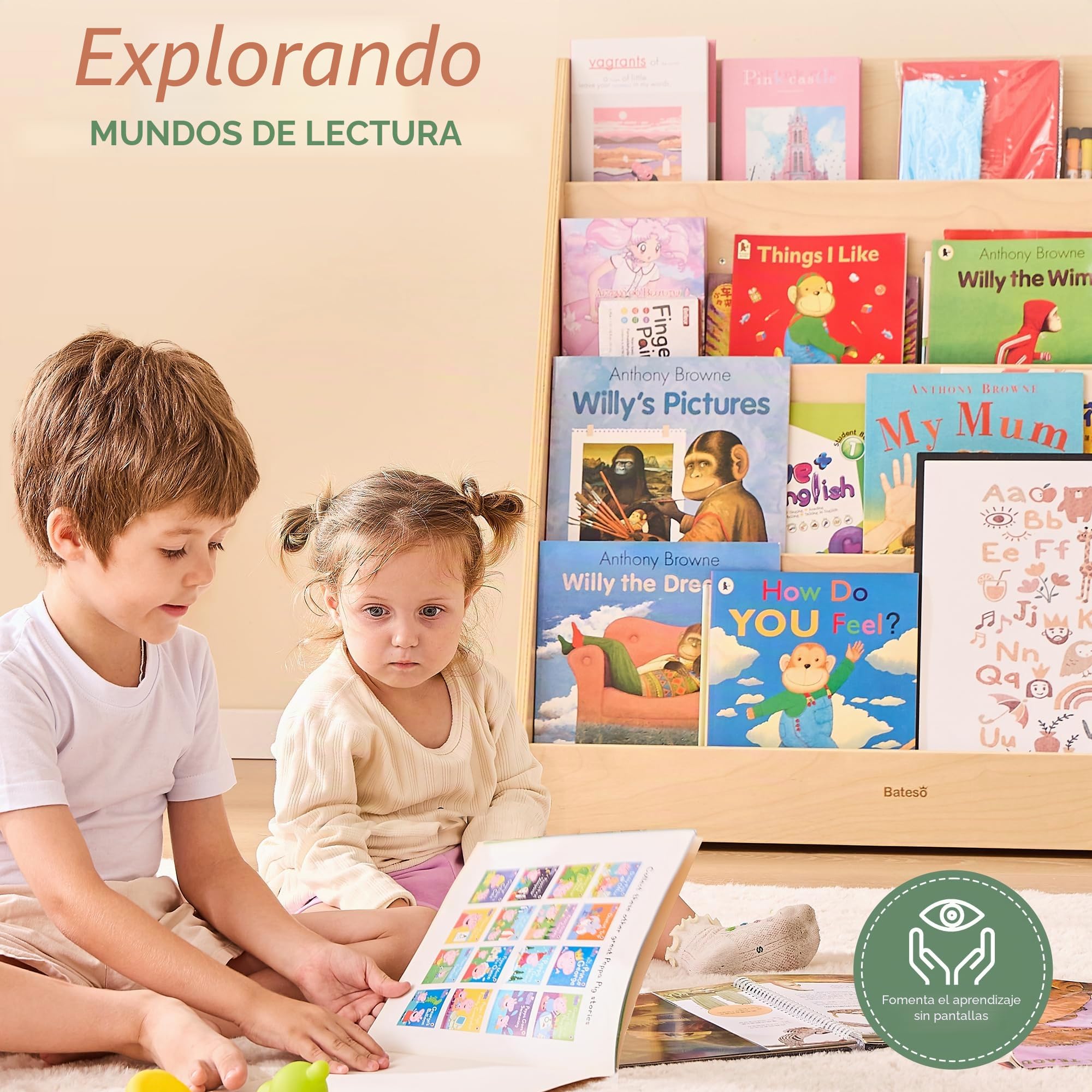 Bateso Estantería Infantil de una Cara, estantería de Madera para Libros de 4 Niveles, Soporte para revistas, Ideal para dormitorios, Salas de Juegos, oficinas, Salones, guarderías y aulas.