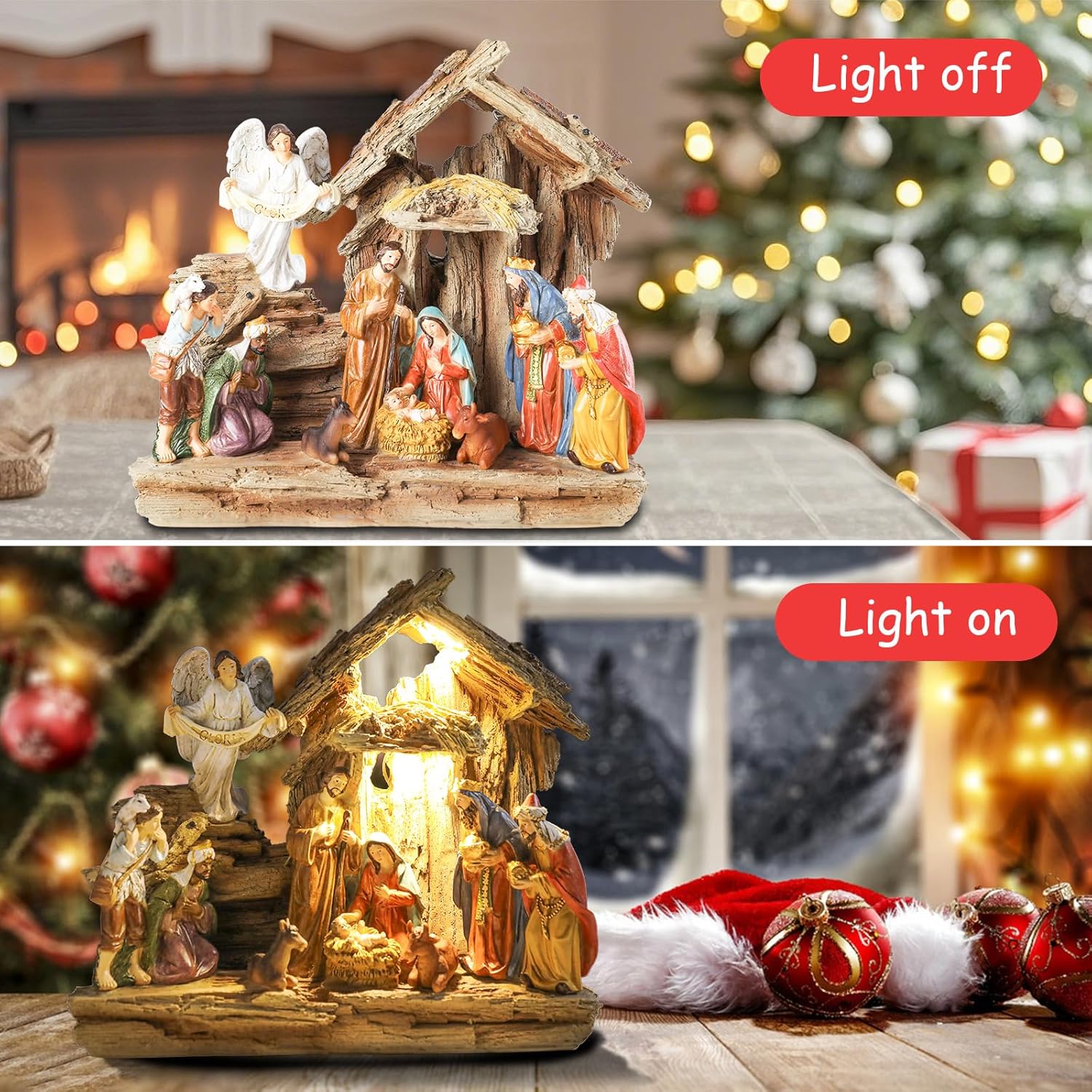 Bshine Christmas Manger Nativity Sets & Figure, 10.6x13.6 Nativity Scene Holy Family Angel and Baby Jesus, Christmas Indoor Decor Home Desktop Decor for Window Collectible Ornaments