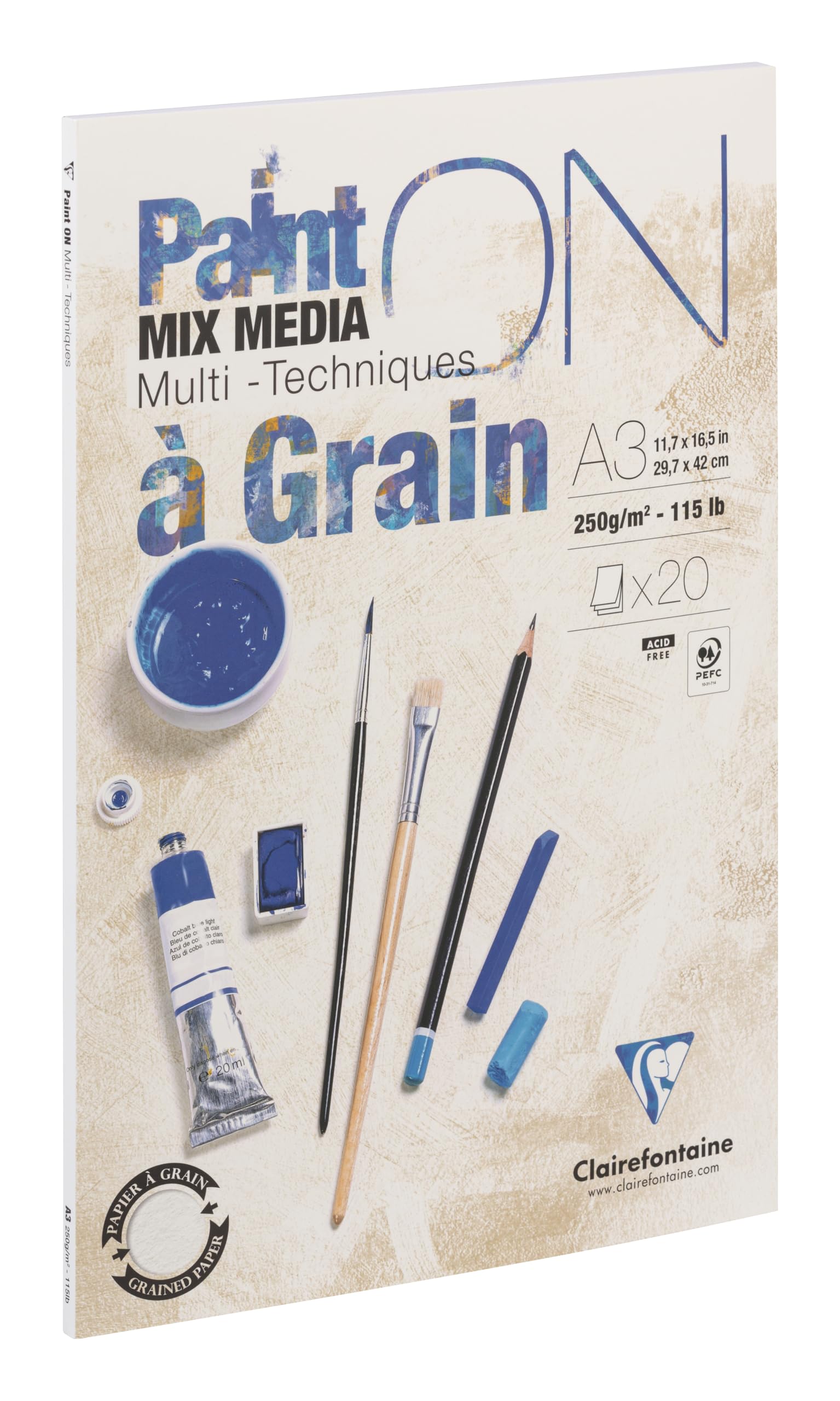 Clairefontaine - Ref 975050C - Paint'ON Multi-Technique Paper with Grain Glued Pad (20 Sheets) - A3 Size, 250gsm Heavyweight Paper, Extra White Acid Free, pH Neutral