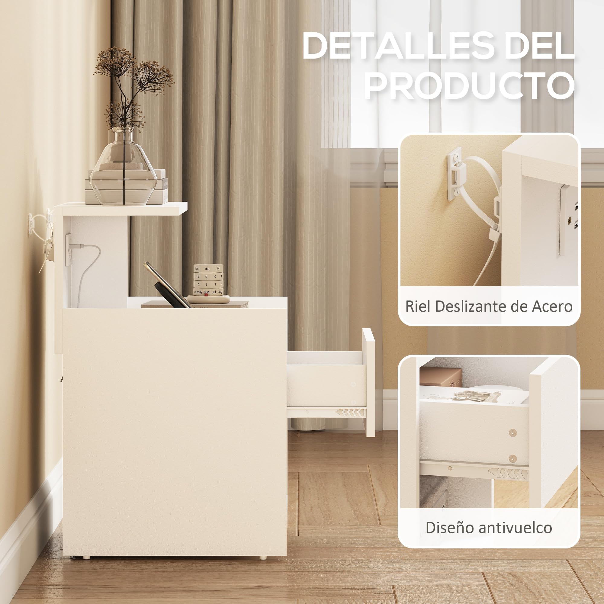 HOMCOM Mesita de Noche con Estación de Carga Cajón 40x40x60 cm Blanco | Mesilla de Noche Dormitorio, Puertos USB, Estantes Abiertos, para Salón, Estudio