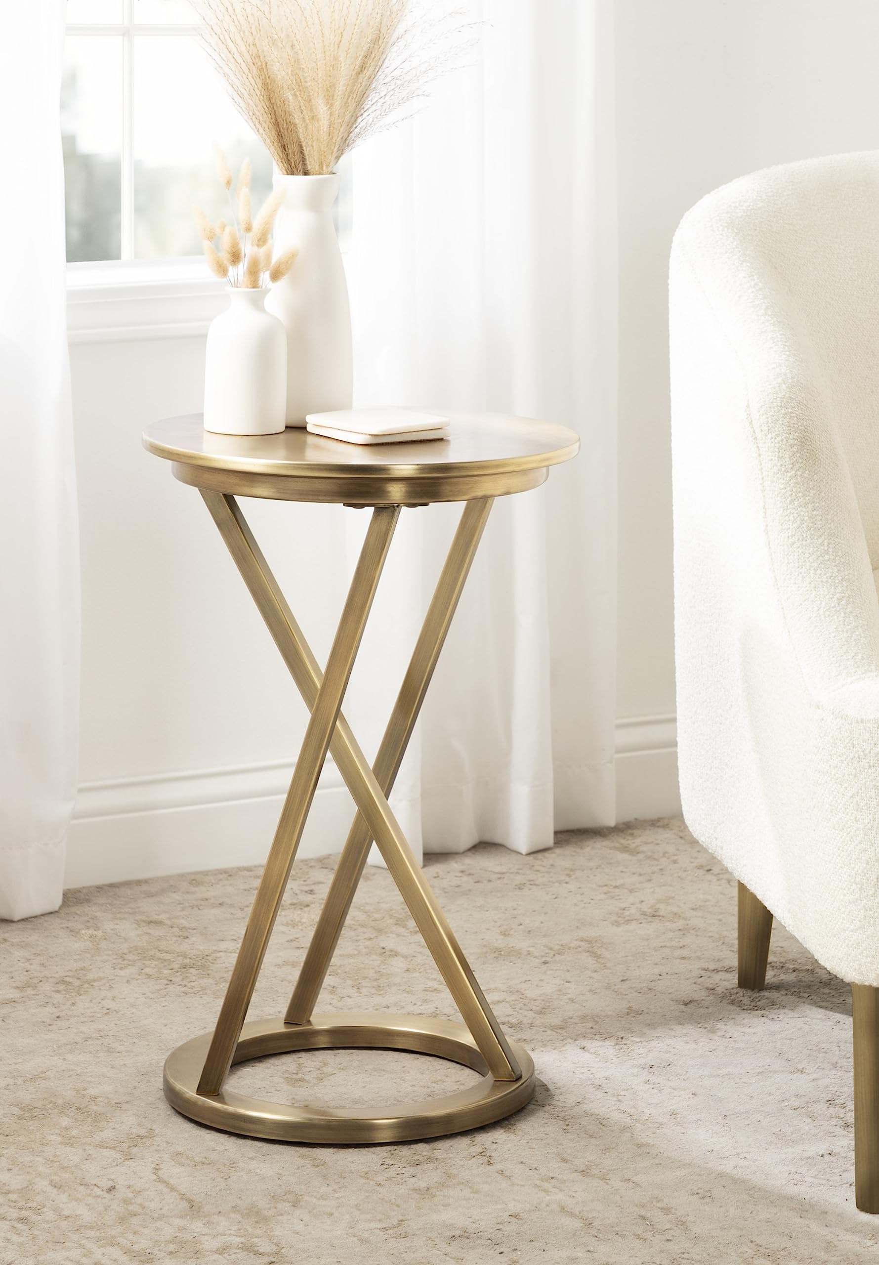 Kate and Laurel Aja Modern Metal Round Side Table; 15 x 15 x 23; Antique Brass; Decorative Geometric Nightstand with Circular Tabletop and Unique Slanted Legs