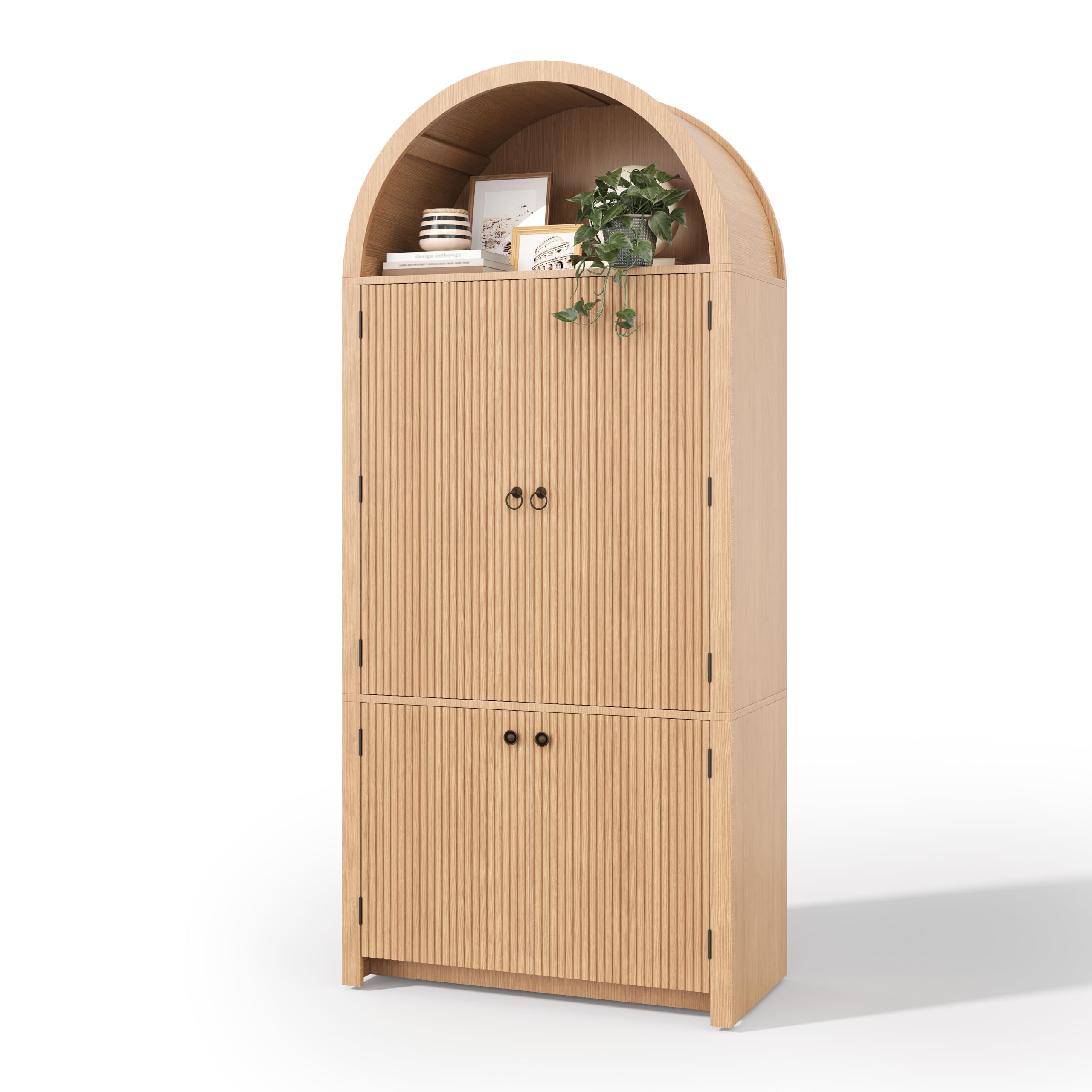 Armario arqueado 180 × 80 × 40 cm, vitrina con estantes para puerta y compartimento superior abierto, aspecto de madera, natural, para cocina, comedor, salón, dormitorio