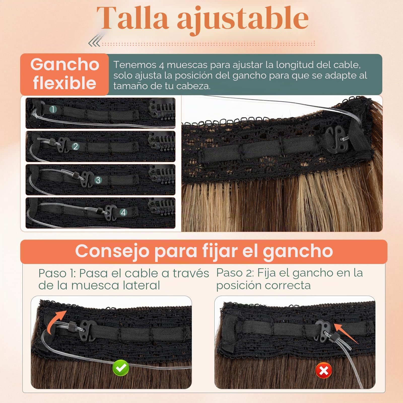 Benehair Extensiones de Alambre de Cabello Humano, 65g Una Sola Pieza Invisibles Extensión, Ajustables de Cabello Humano Extensiones, Halo de Alambre de Cabellera Real, 45CM #4RP27R