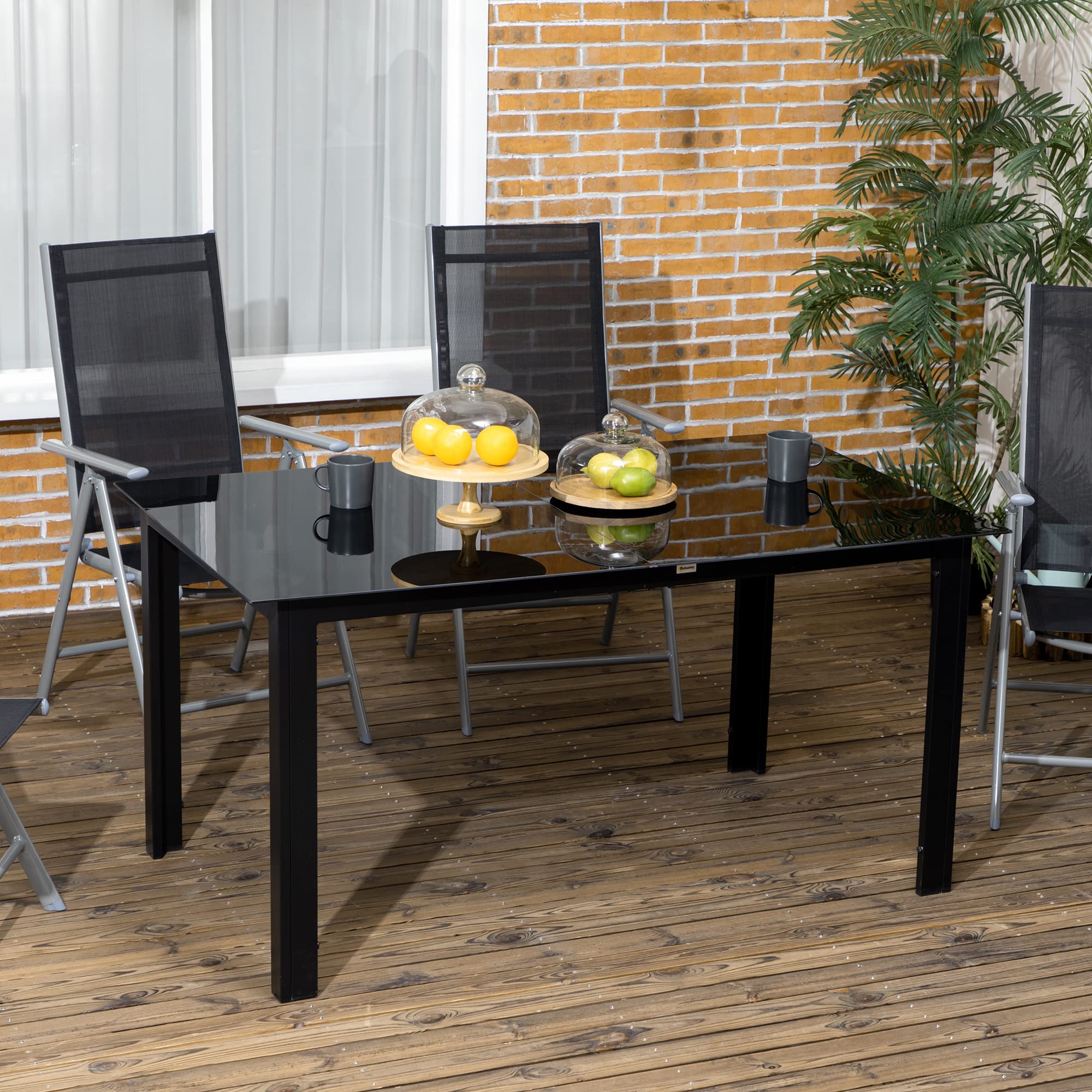Table De Jardin Rectangulaire Noire Avec Plateau Verre Trempé - Pour 8 Personnes - 180x80cm