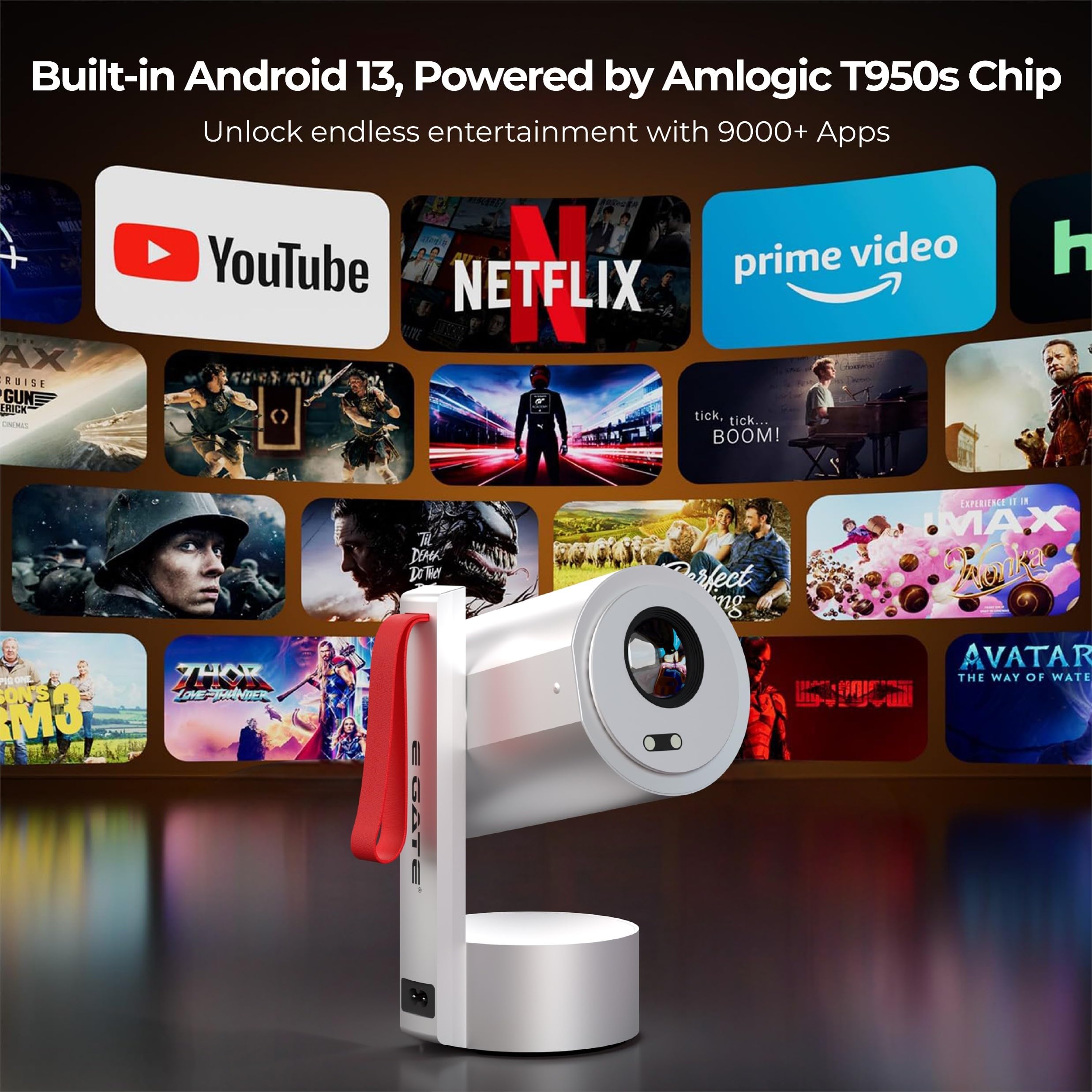E GATE Atom 4X Fully Automatic Projector 4k Ultra HD | Android 13 Built-in Apps Netflix, Prime | 1080p Native | 400 ISO | Auto (Focus+Keystone) | 300" (762cm) Display | USB-HDMI (ARC) WiFi6 & BT EGate - Image 4 thumbnail
