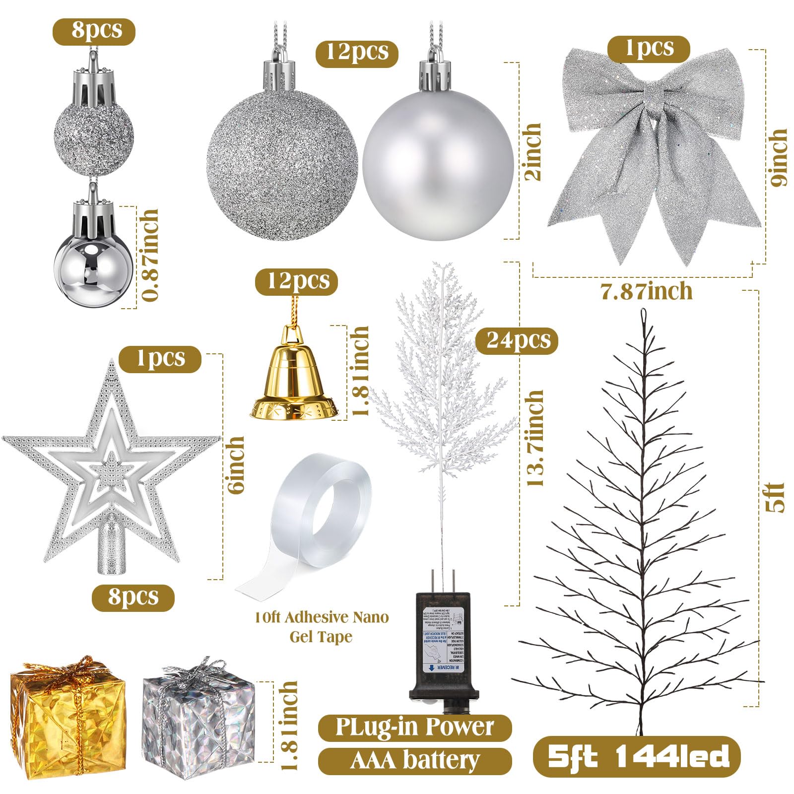 Leyndo Sapin de Noël mural 144 LED de 1,5 m avec lumières 8 modes, télécommande, boule de Noël, nœud, étoile, cloche, pin pour salon, bureau, école, décoration murale de Noël (argent)