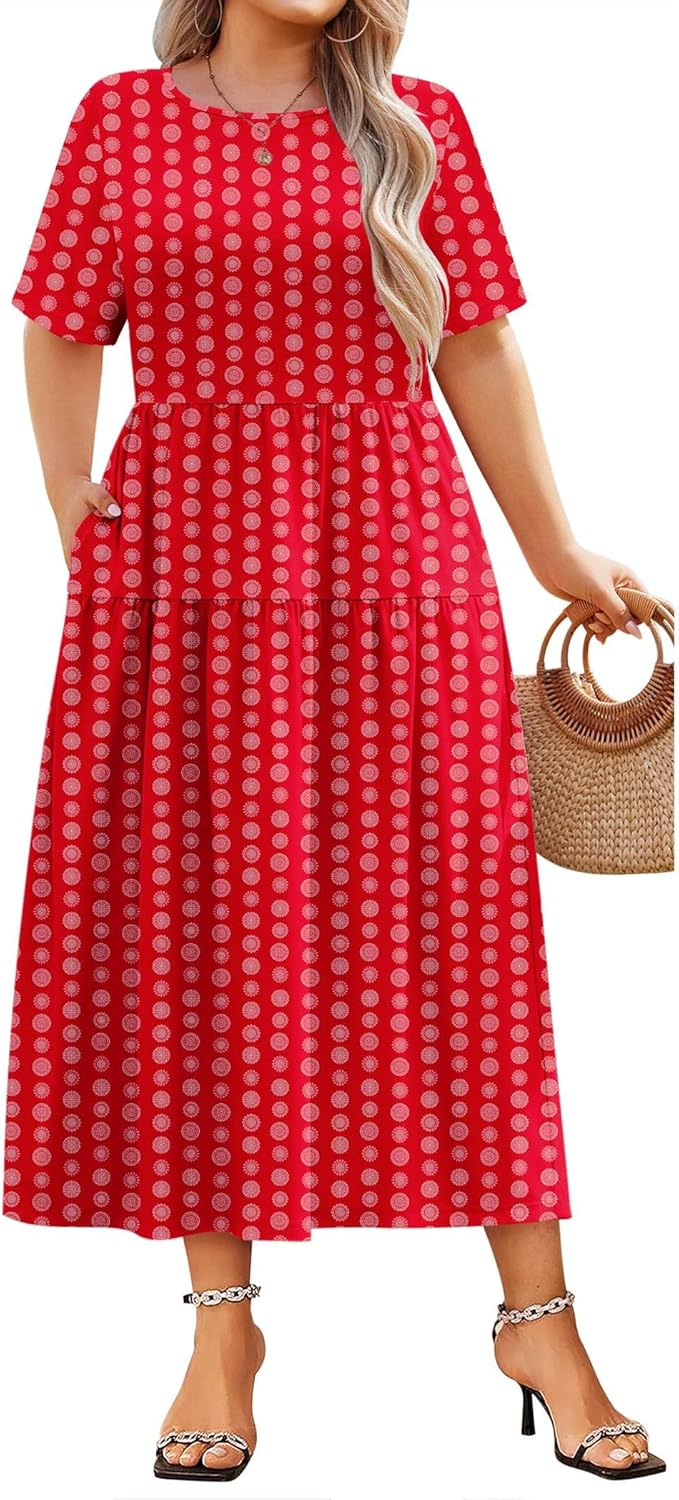 IN'VOLAND Plus Size Casual Dress for Women Bohemian Short Sleeve Flowy Loose Maxi Summer Beach Swing Dresses with Pockets