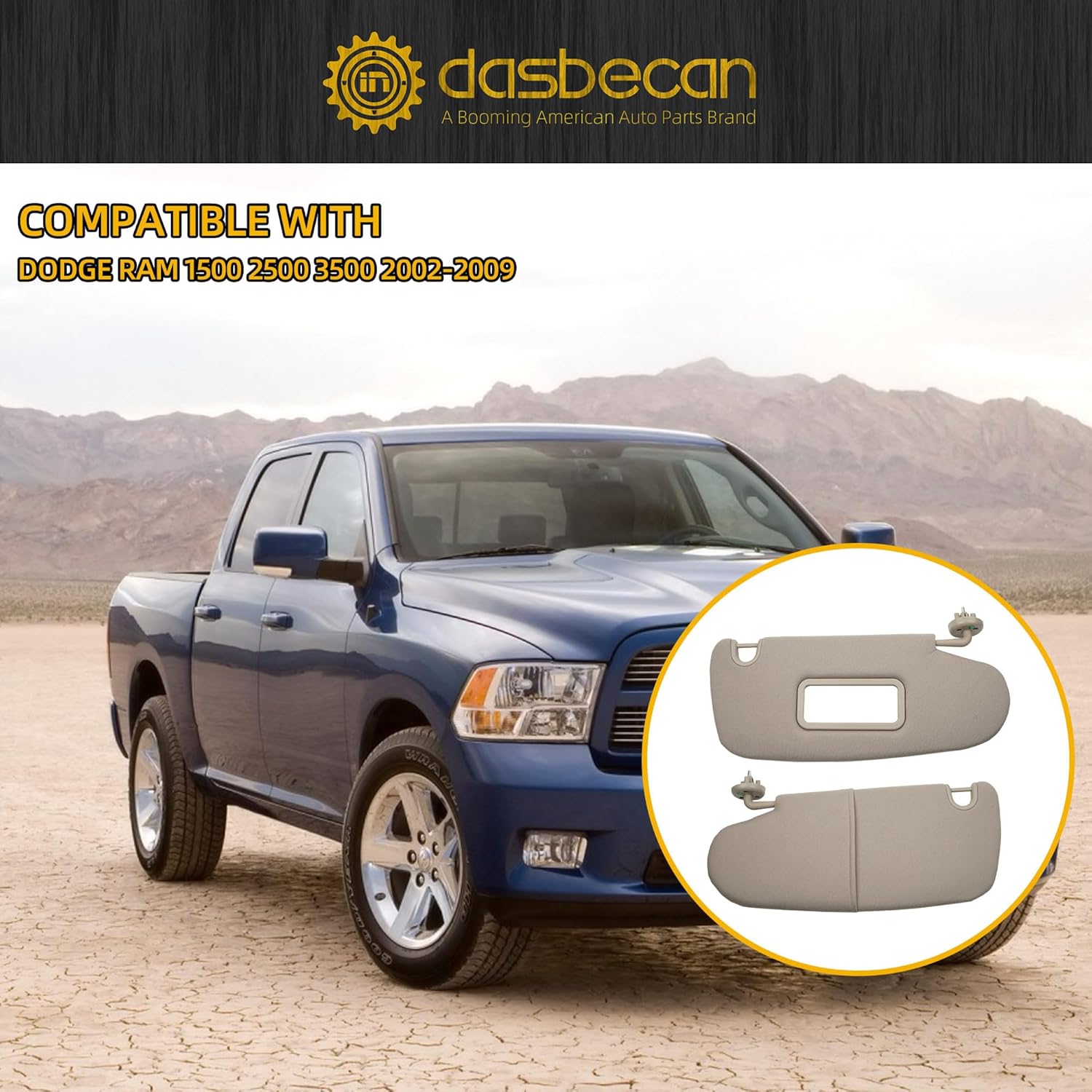 Dasbecan Gray Pair Car Sun Visor Compatible with Dodge Ram 1500 2500 3500 2002 2003 2004 2005 2006 2007 2008 2009 Replaces# 1CT18TL2AA 1CT11TL2AA