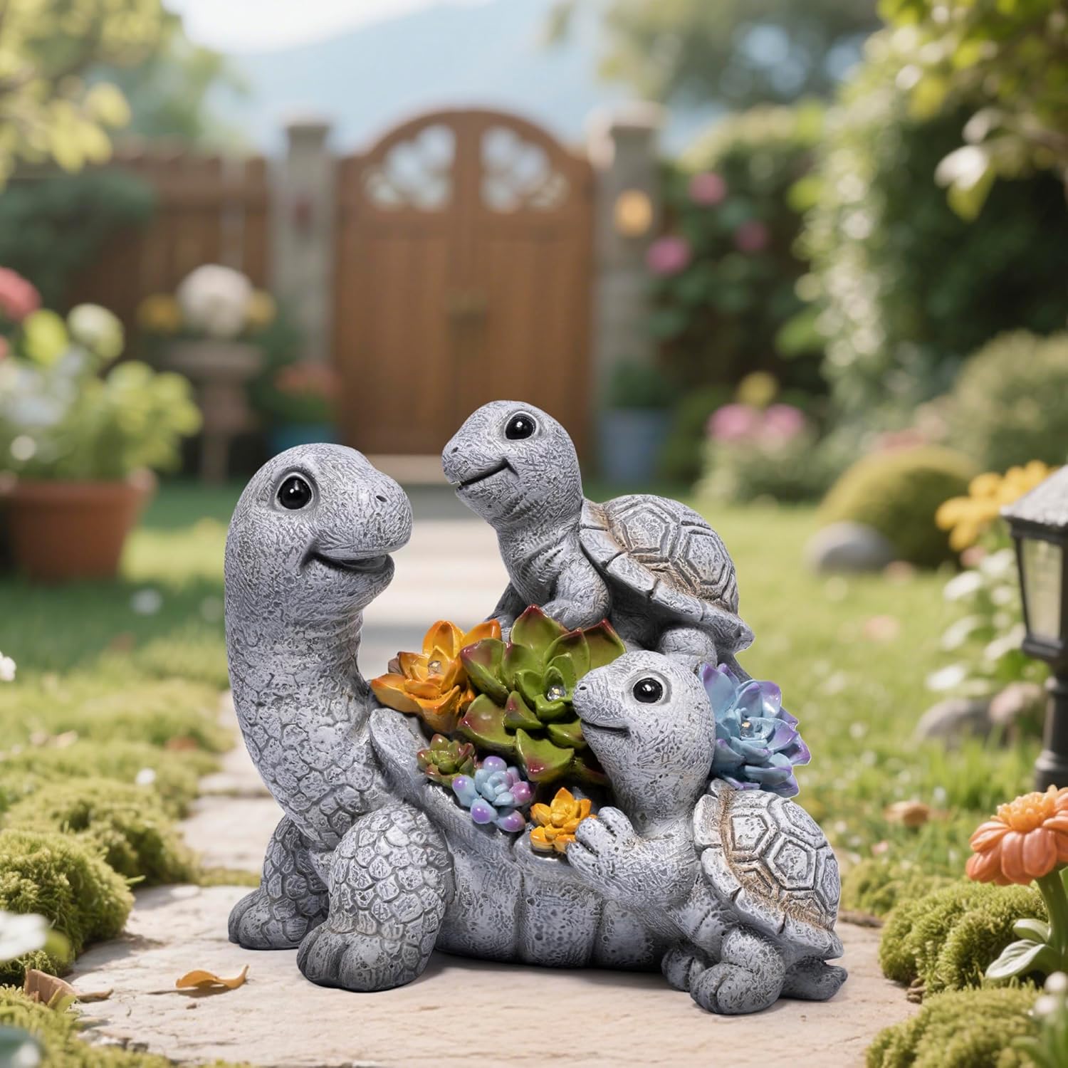 basen Solar Turtle Garden Statue with LED Succulent Lights, Resin Outdoor Tortoise Family Figurine, Waterproof Yard Lawn Patio Decor, Cute Animal Sculpture for Porch, Backyard, Gift