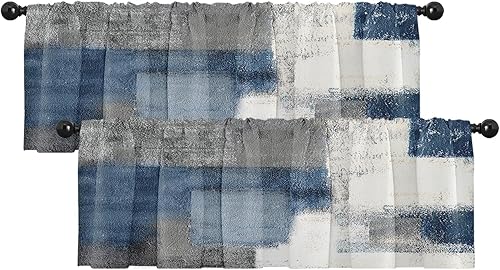 Emvency Paquete de 2 cenefas para ventana, cortinas opacas de arte abstracto azul y gris, cortinas opacas ajustables para ventanas, sala de estar,