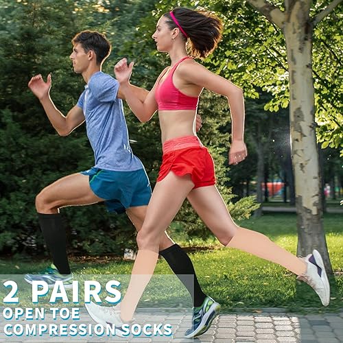 Miniatura 5 de Calcetines de compresión de punta abierta de 15-20 mmHg para mujeres y hombres, medias de compresión de circulación sin dedos hasta la rodilla