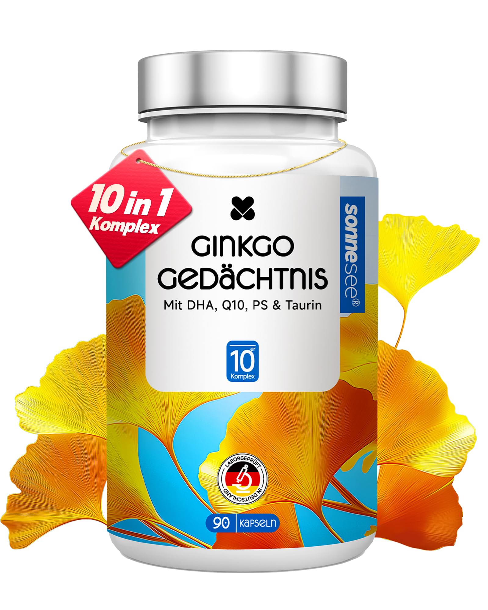 10-in-1 Phosphatidylserin (PS) Ginkgo Gedächtnis Hochdosiert Komplex Kapseln mit Biloba Omega-3 (DHA/EPA) & Q10 GABA, Taurin, Zink & Eisen 90 Vegan