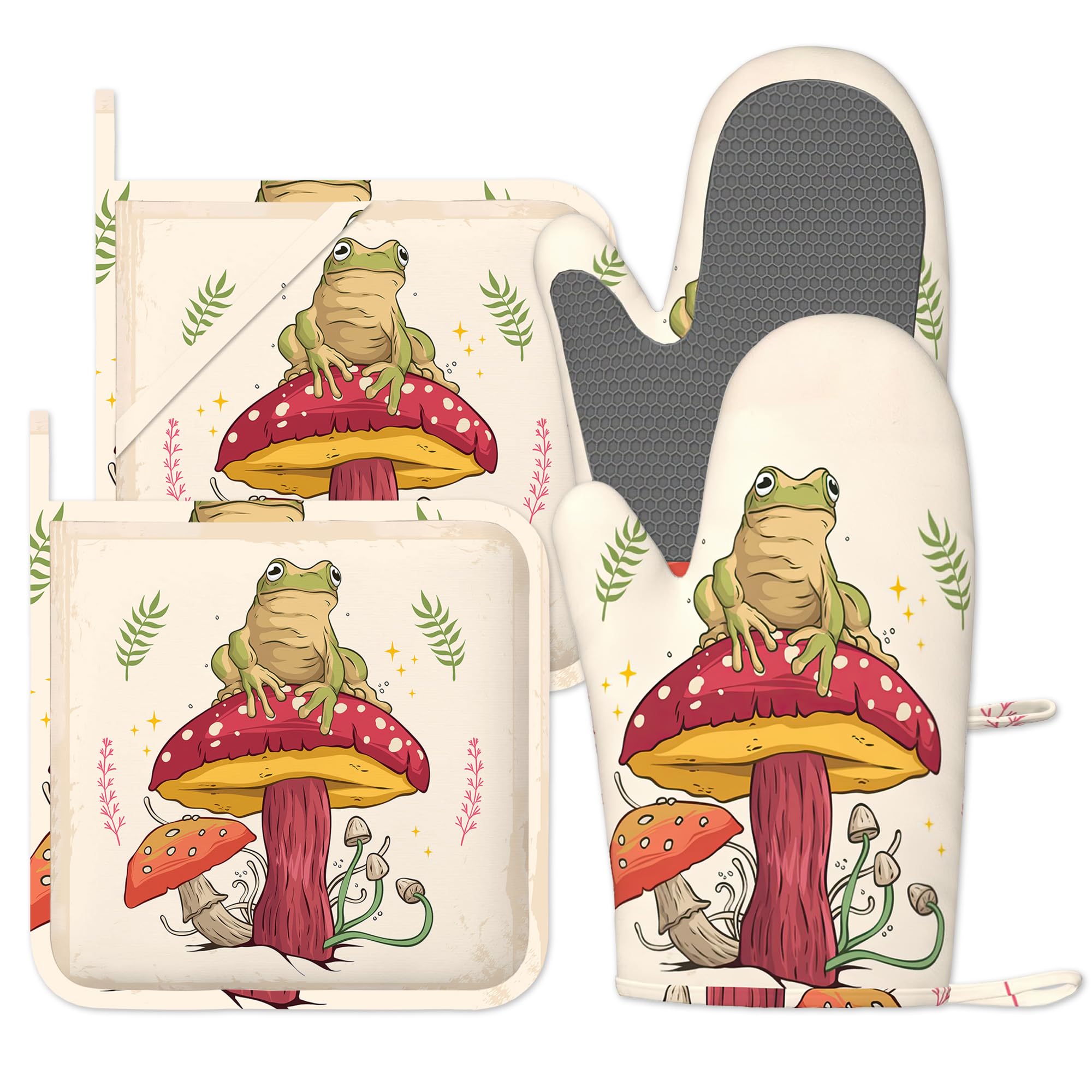 Bilangce Frog Mushroom Oven Gloves, 4Pcs Oven Mitts & Pot Holders Heat Resistant And Non-Slip Silicone Gloves For Cooking, Baking, Bbq, Kitchen Decor Gift