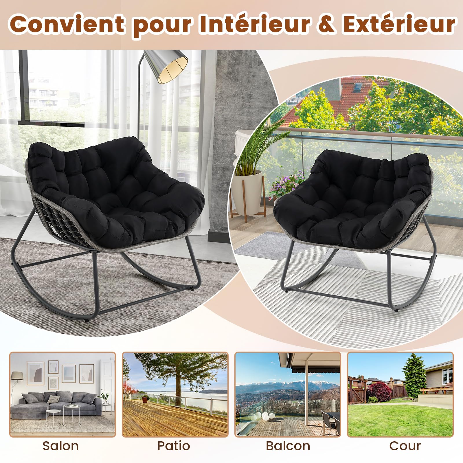 GYMAX Fauteuil Œuf à Bascule en Rotin PE, Coussin Épais Rembourré, Cadre en Metal Robuste, Bandes Antidérapantes, Patins de Butée, pour Relaxation Salon, Patio, Balcon, Cour, Piscine (Noir)