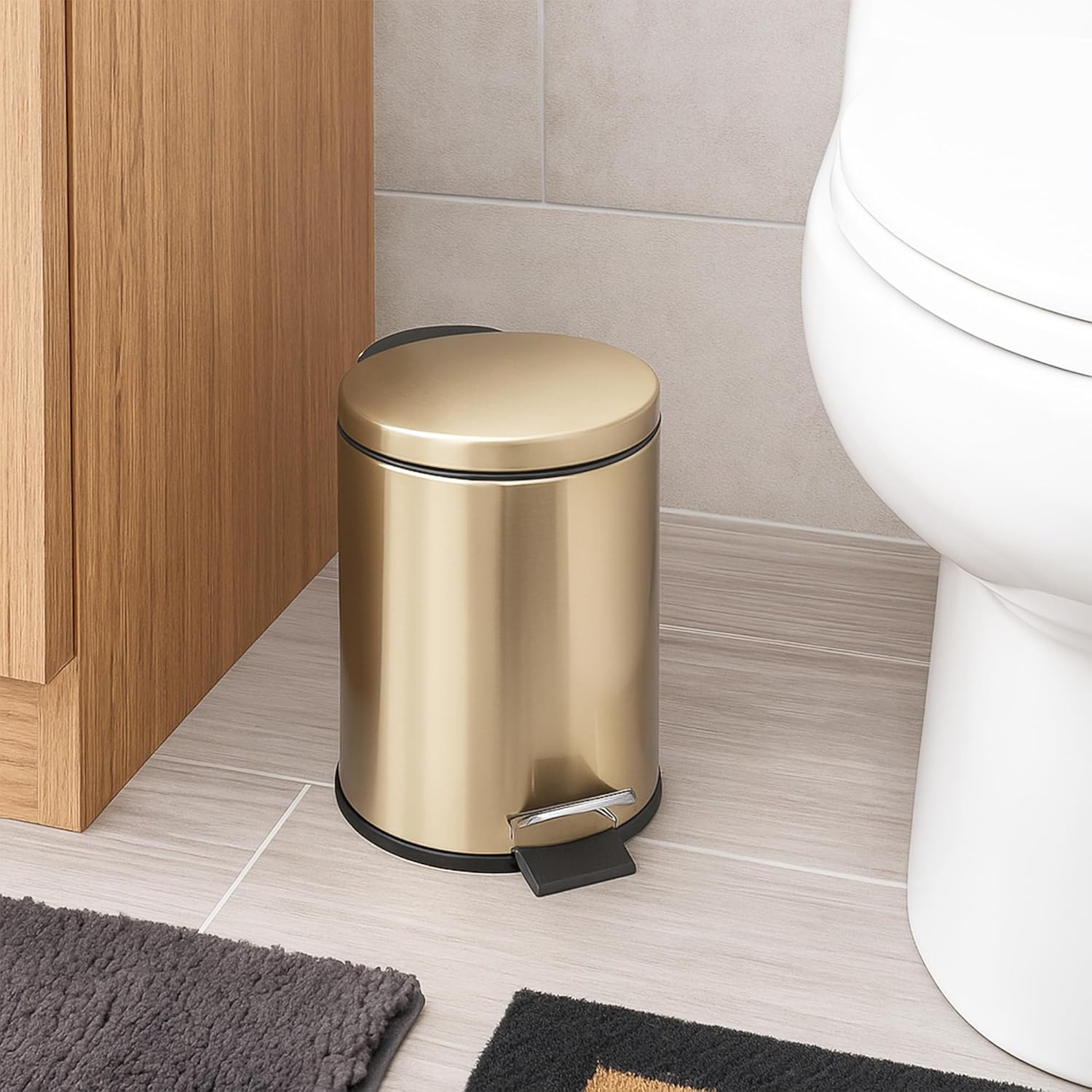 Stylish Brushed Gold Trash Can with Soft Close Lid – 3 Liters (0.8 Gallon) - Compact Metal Waste Bin for Bathroom, Office, or Bedroom - Elegant Pedal Trash Bin with Removable Inner Bucket