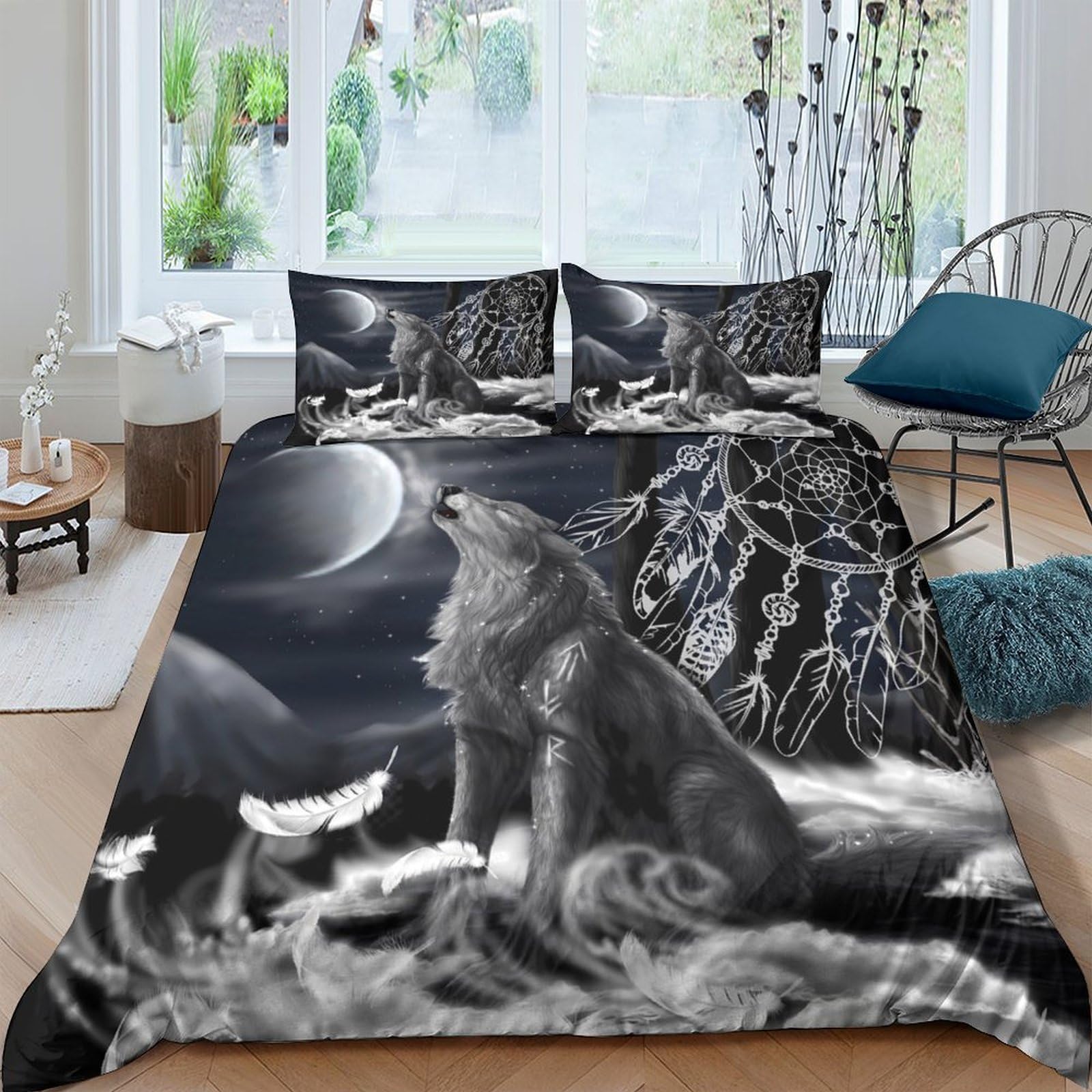 GPLZQXKJNH 3D Printed Moonlit Wolf Duvet Cover Set Microfiber Soft Breathable Forest Quilt Cover with 2 Pillowcases for Bedroom Decor Single（135x200cm）