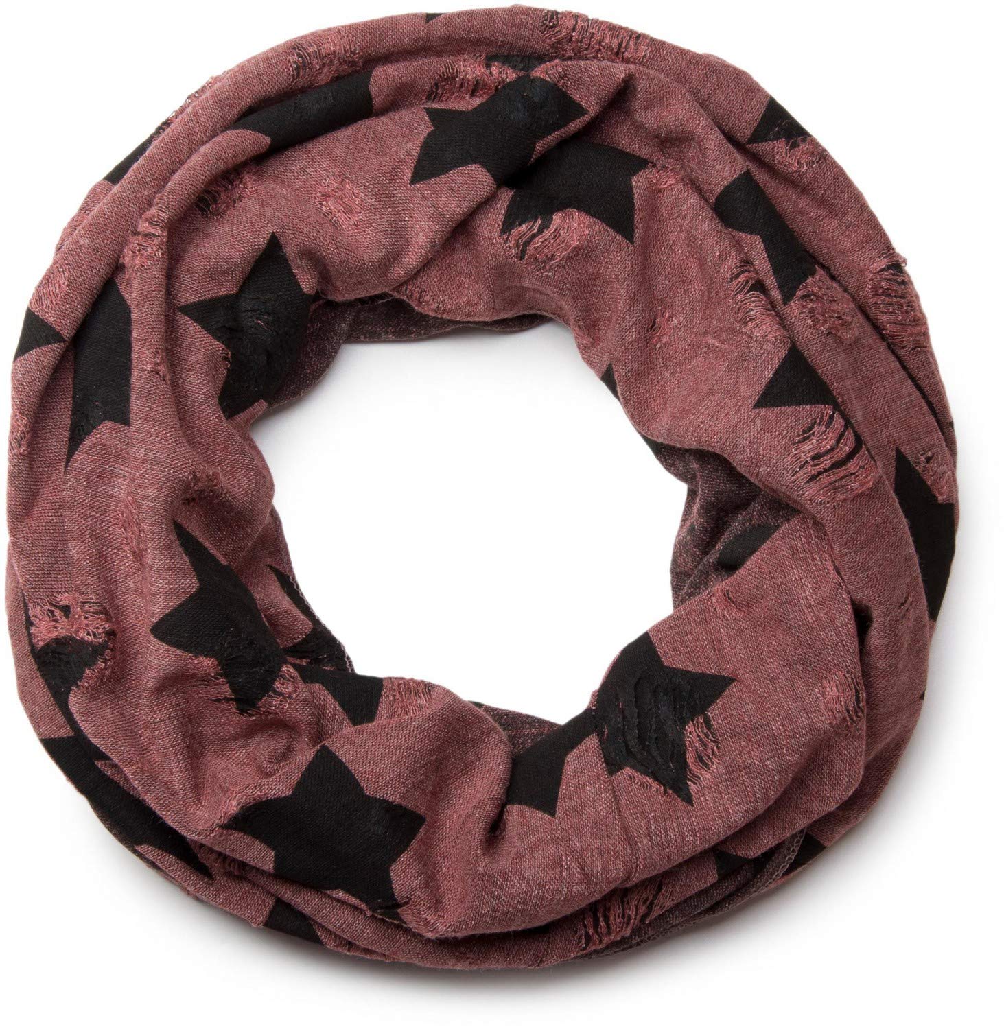 Stylebreaker Women's Red Brown Loop Tube Scarf With Stars And Dots Pattern, Vintage Look, Reversible Scarf, Unisex 01018080, Colour: