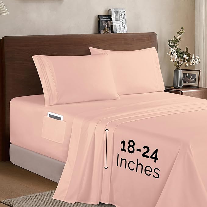 Elegant Comfort Luxury 1500 Premium Hotel Quality Microfiber 4-Piece Sheet Set - Soft, All Around Elastic 18-24 Inches Deep Fitted Sheet - Extra Deep Pocket Sheets, Queen, Blush