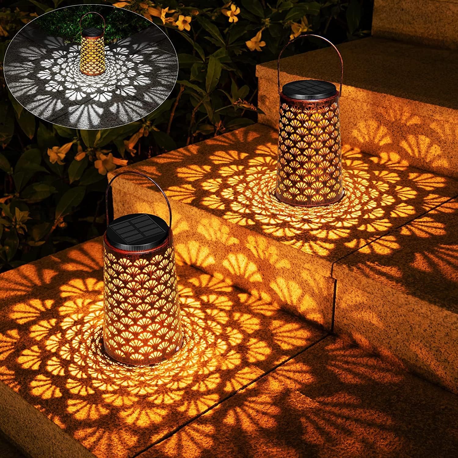 Colbor Gold Solar Lanterns For The Garden, 2 Pack Hanging Outdoor Solar Lights 2 Modes Warm/Cool Light Solar Metal Lantern Ip55 (Shell Form) For Yard Balcony Lawn, Solar-Lanterns-Outdoor-Decorative-Light