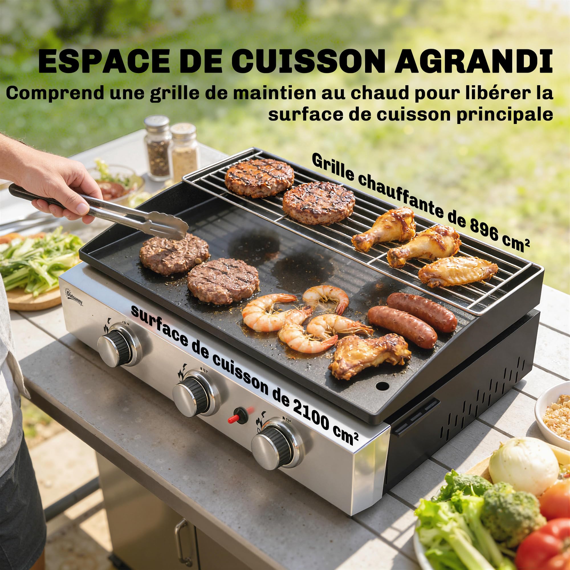 Outsunny Piastra a gas con 3 bruciatori in acciaio inox, 7,5 kW, barbecue a gas con piastra smaltata, resistente al calore e facile da pulire, barbecue da tavolo con griglia di riscaldamento, nero