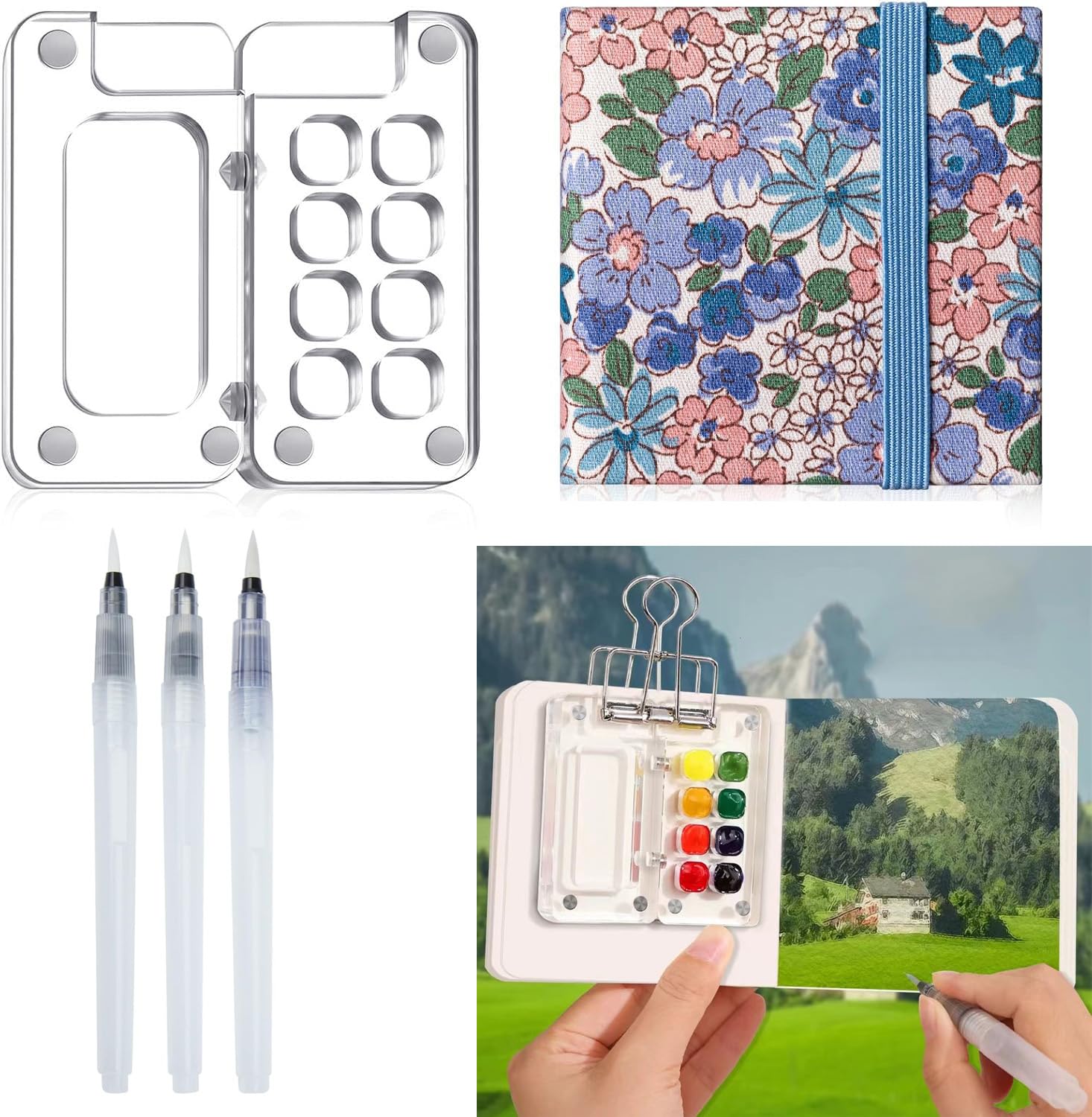 Juego de paletas de bocetos portátiles de 8 rejillas, mini paleta de pintura de viaje, caja magnética para acuarela, gouache, pintura acrílica, viene con diario de papel de acuarela, bolígrafos de