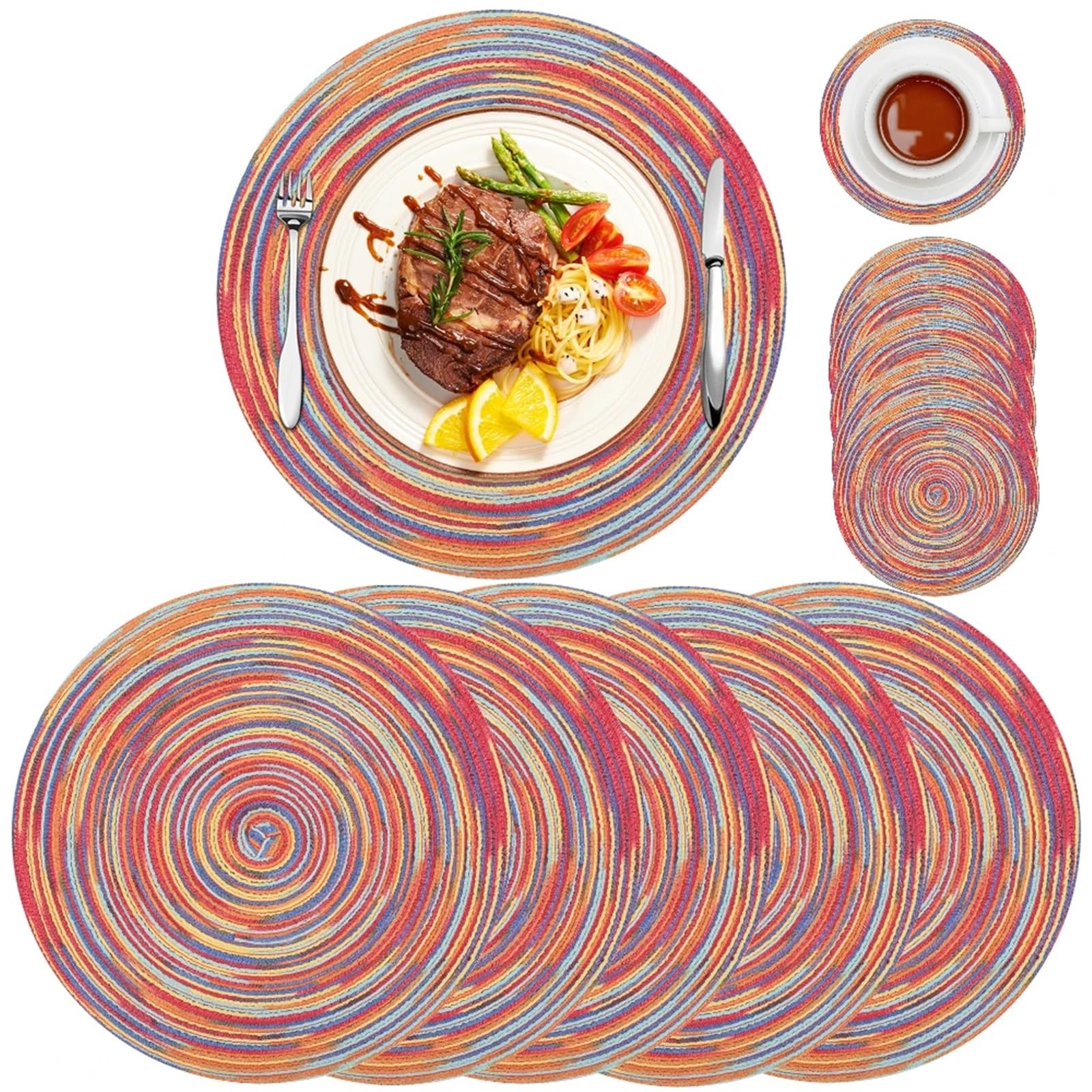 Set De Table Tressé Rond Napperon en Coton tissé Rond, 34/38cm, Tapis de Table résistants à la Chaleur, sous-Verres lavables(Rainbow Grey,Set of 6)