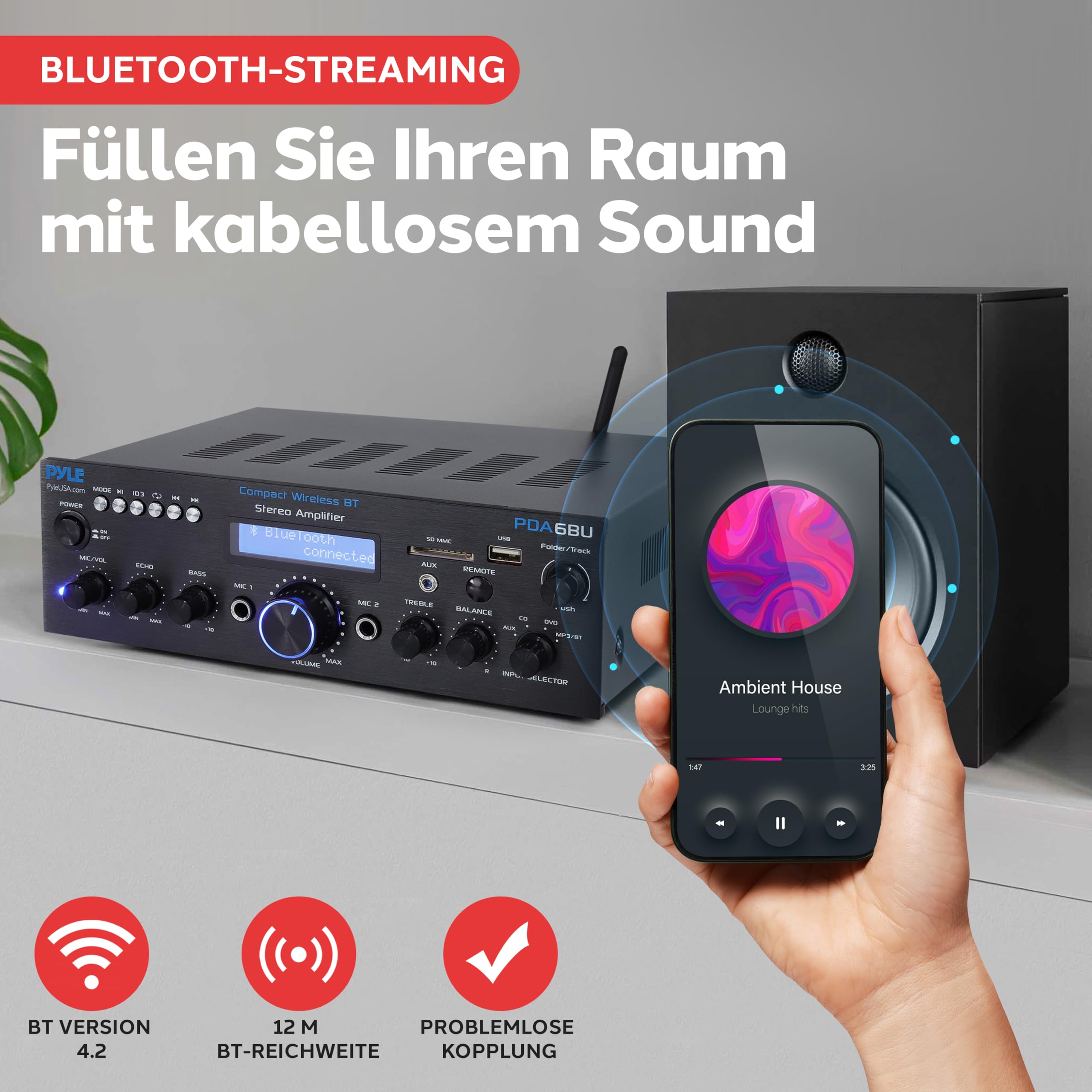 Pyle HiFi Verstärker 200W Bluetooth Stereo Verstärker, 2 Kanal mit USB SD AUX Audio Receiver mit Mikrofoneingang Echo FM Radio und LCD Display für Karaoke und Heimkino
