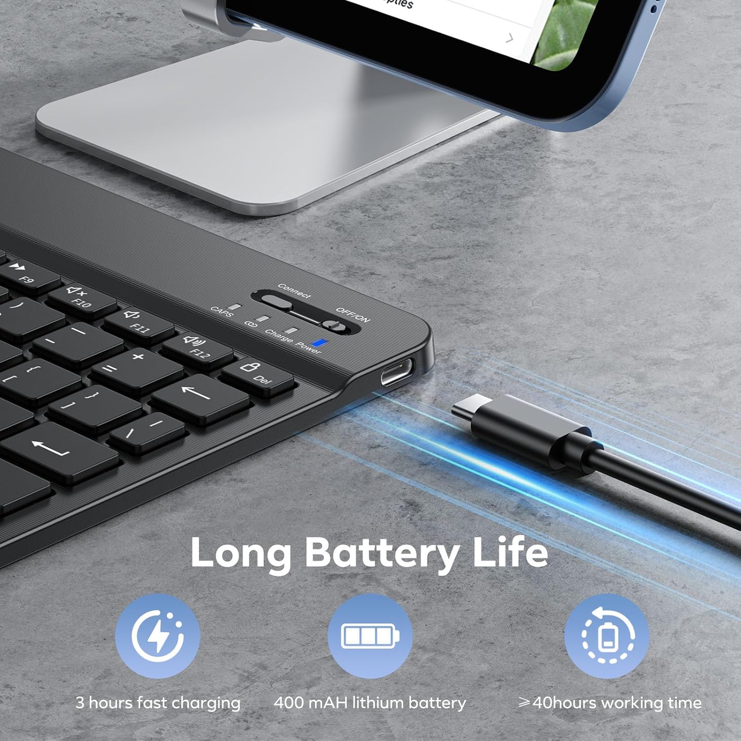 OMOTON Bluetooth Keyboard charging port and battery life indicators