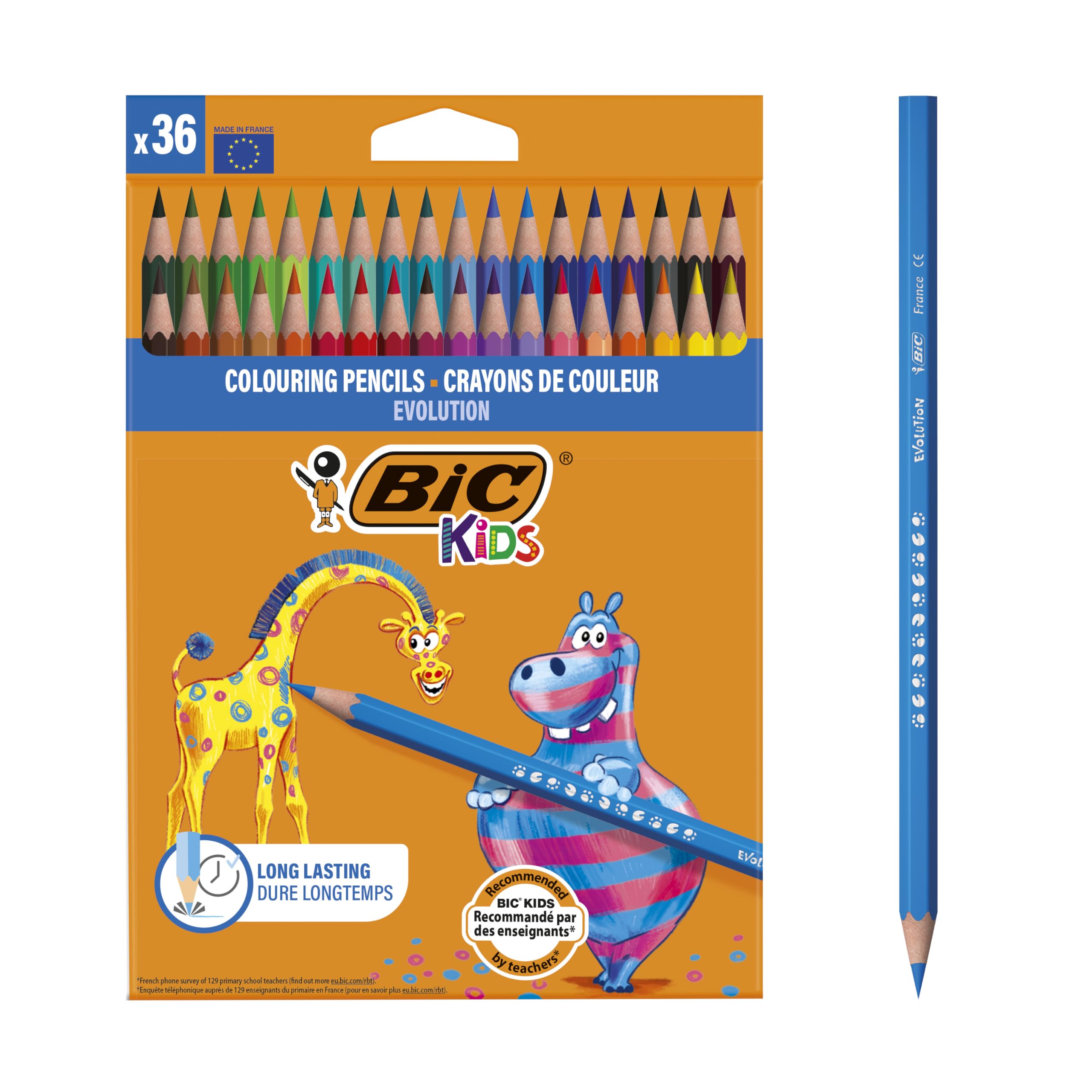 BIC Kids Evolution - Lápices para colorear, blíster de 36 unidades, para actividades creativas en casa y el colegio, colores surtidos, Multicolor