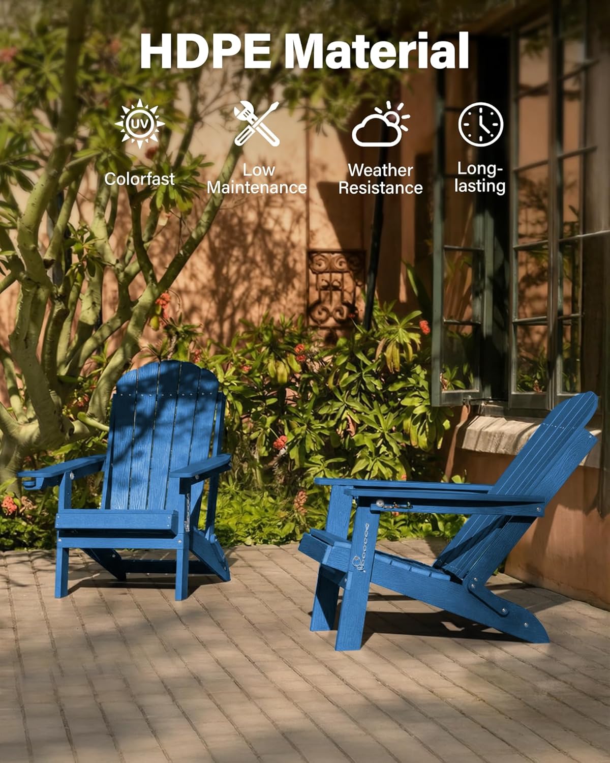 YEFU Adirondack Chair Set of 2 for Outdoor: Folding Plastic Composite Chair with Cup Holder for Patio - All-Weather Foldable Adjustable HDPE Fire Pit Adirondack Chairs - Easy Assembly