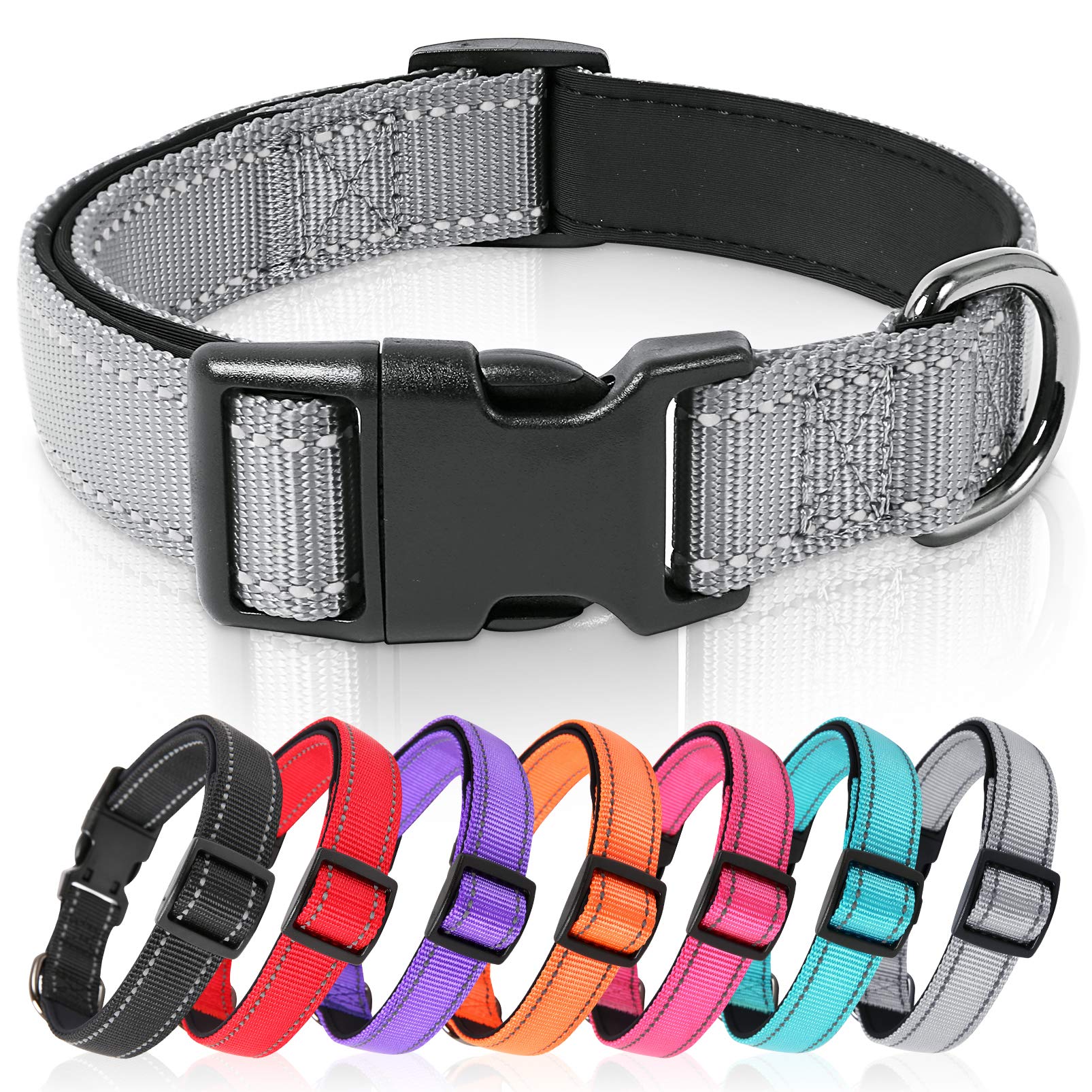 HEELE Dog Collar, Reflective Dog Collar, Soft Neoprene Padded Breathable Nylon Pet Collar Adjustable for Large Dogs, Gray, L(15.74-25.98")