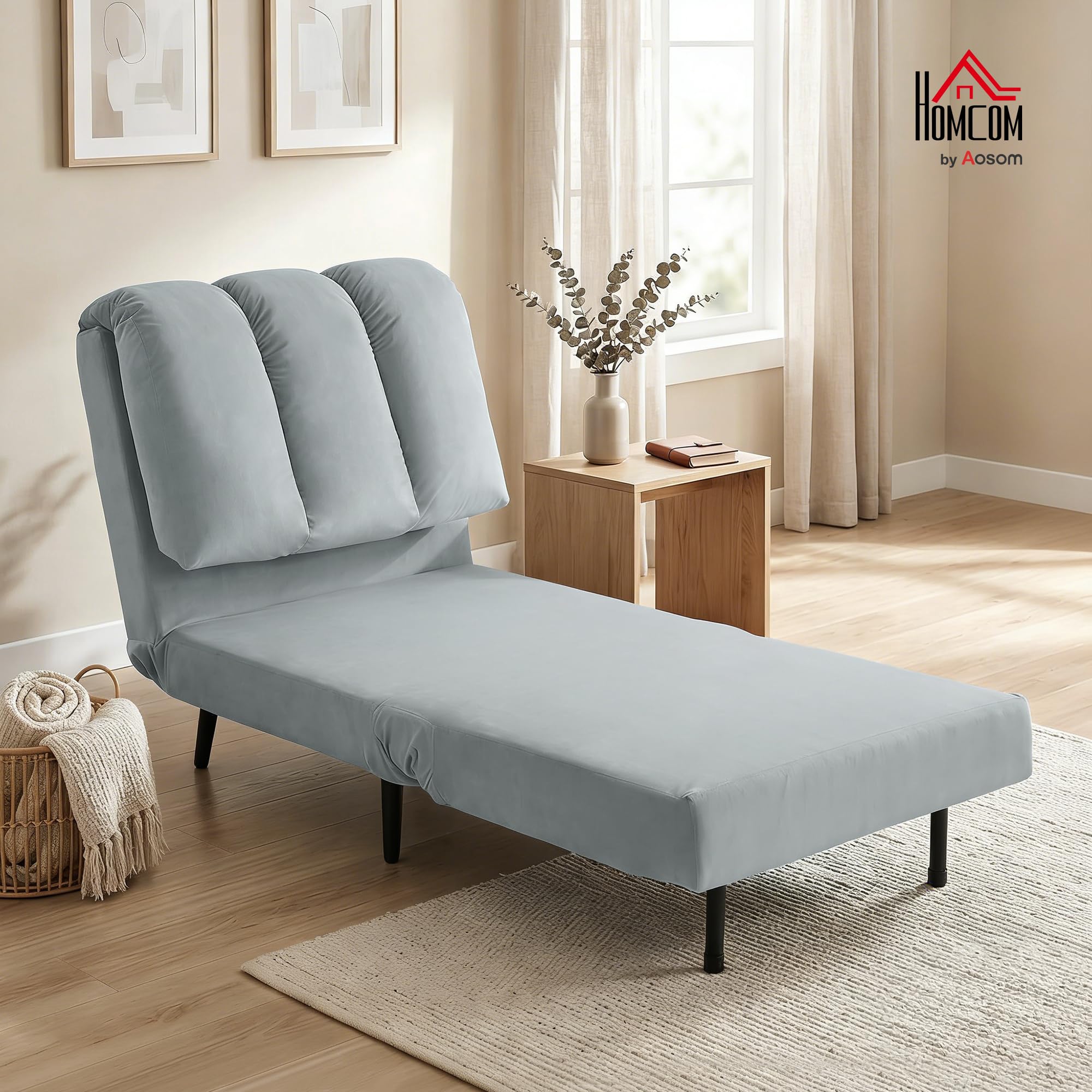HOMCOM Sofá Cama de 1 Plaza 3 en 1, Sofá Cama Plegable Tapizado en Terciopelo con Respaldo Ajustable en 3 Niveles, Cojín Grueso para Dormitorio, Salón, Oficina, Fácil Montaje, 72x88x87 cm, Gris