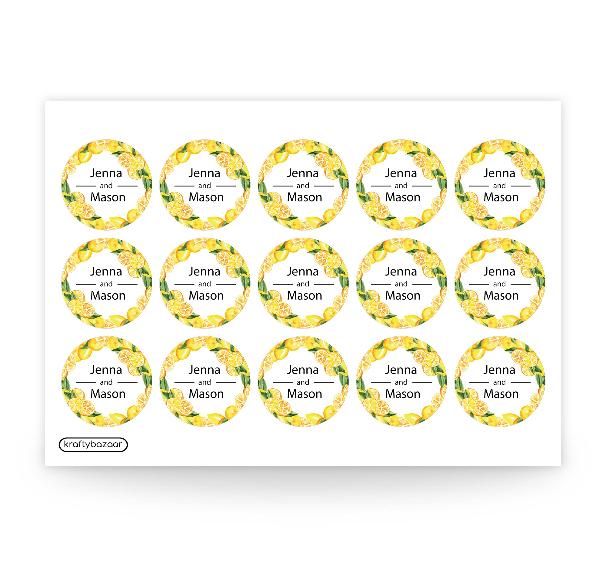 90 Custom Lemon Wreath Wedding Paper Labels, 37mm Self-Adhesive Stickers, Multipack Stationery Party Decor Labels