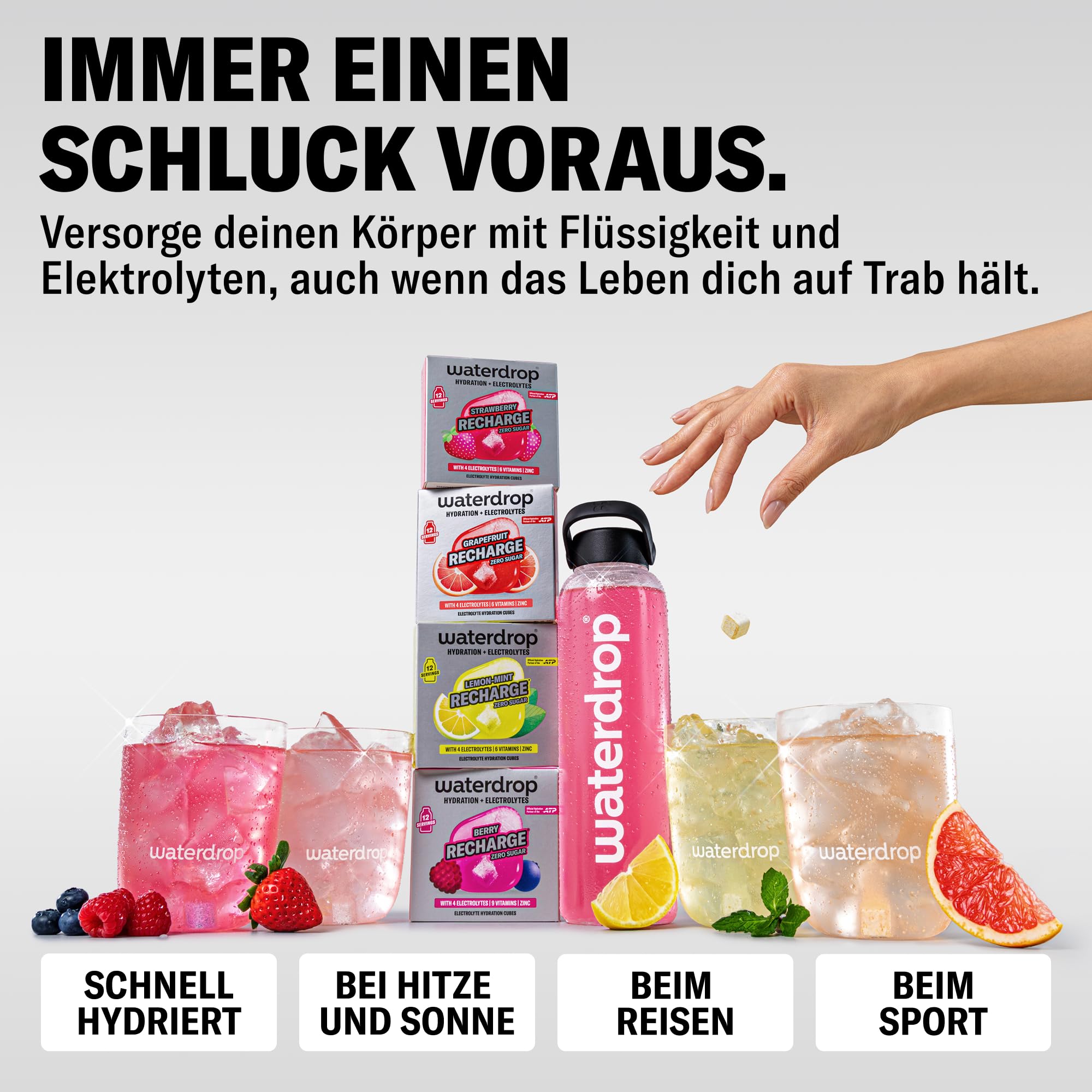 waterdrop® Microlyte Mix – Elektrolyte ohne Zucker für Sport – 36 Drops Würfel mit Magnesium, Kalzium, Natrium + Zink – Hydration & Geschmack für Wasser in Erdbeere, Grapefruit & Zitronen-Minze