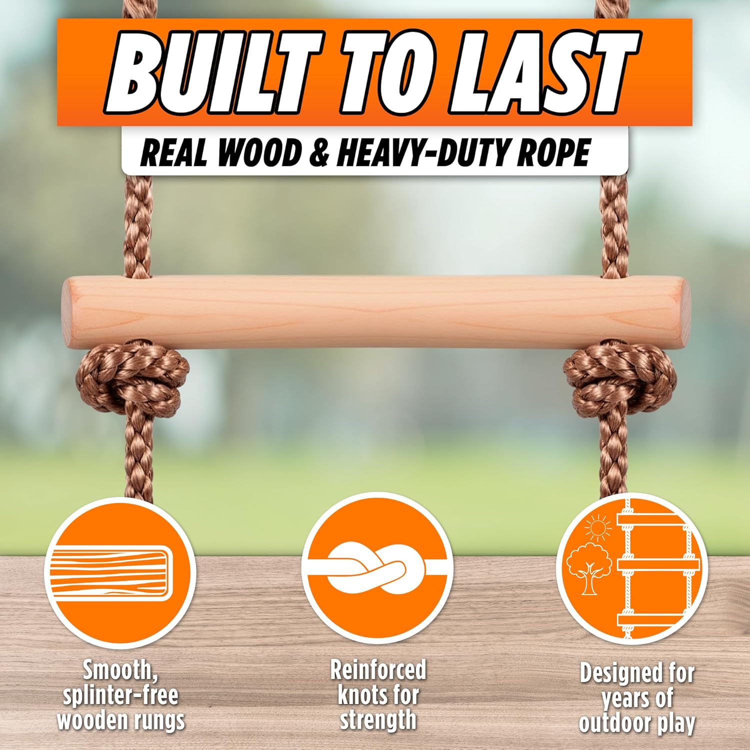 Trailblaze Wooden Rope Ladder for Kids – 6ft Outdoor Climbing Ladder with Real Wood Rungs, Heavy-Duty Rope & 2 Carabiners – Treehouse, Swing Set, Ninja Course & Playground Accessory Wooden Natural