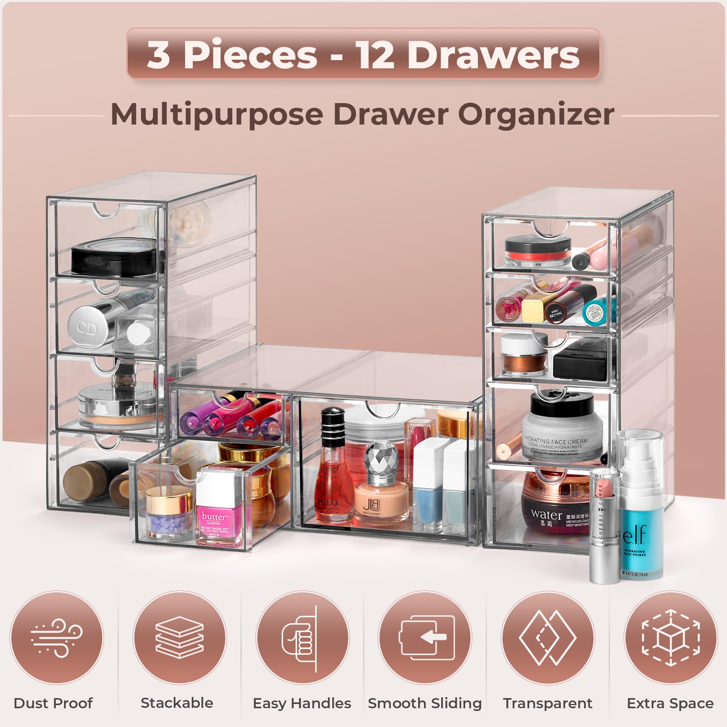 Sorbus Clear Acrylic Drawer Organizer, Stackable Storage Bins