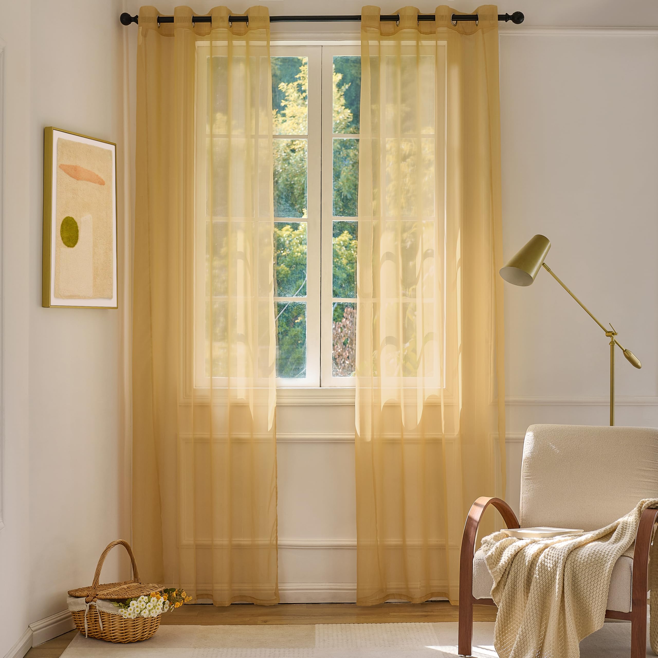 Photo 1 of MISSTIAM Foil Stripe Gold Sheer Curtains 96 inches Length 2 Panels with Grommets 52 inches Widith, Semi Transparant Curtains for Living Room and Multiple Rooms, Light Filtering Window Treatment