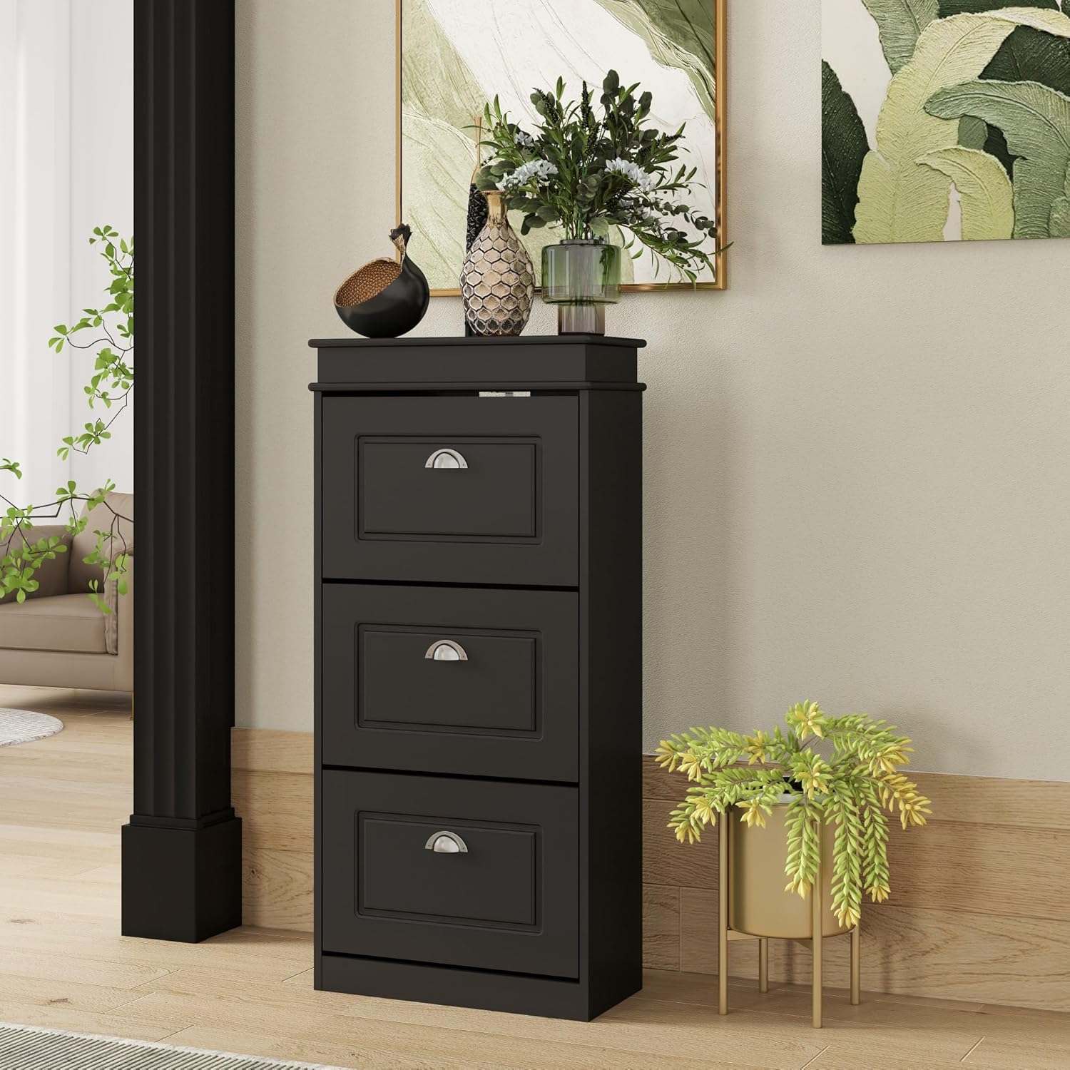 Panana Narrow Shoe Storage Cabinet, Freestanding Shoe Rack with 3 Flip-Drawers Slim Shoe Storage Cupboard Organizer for Hallway, Living Room (Black, 3 Drawers)
