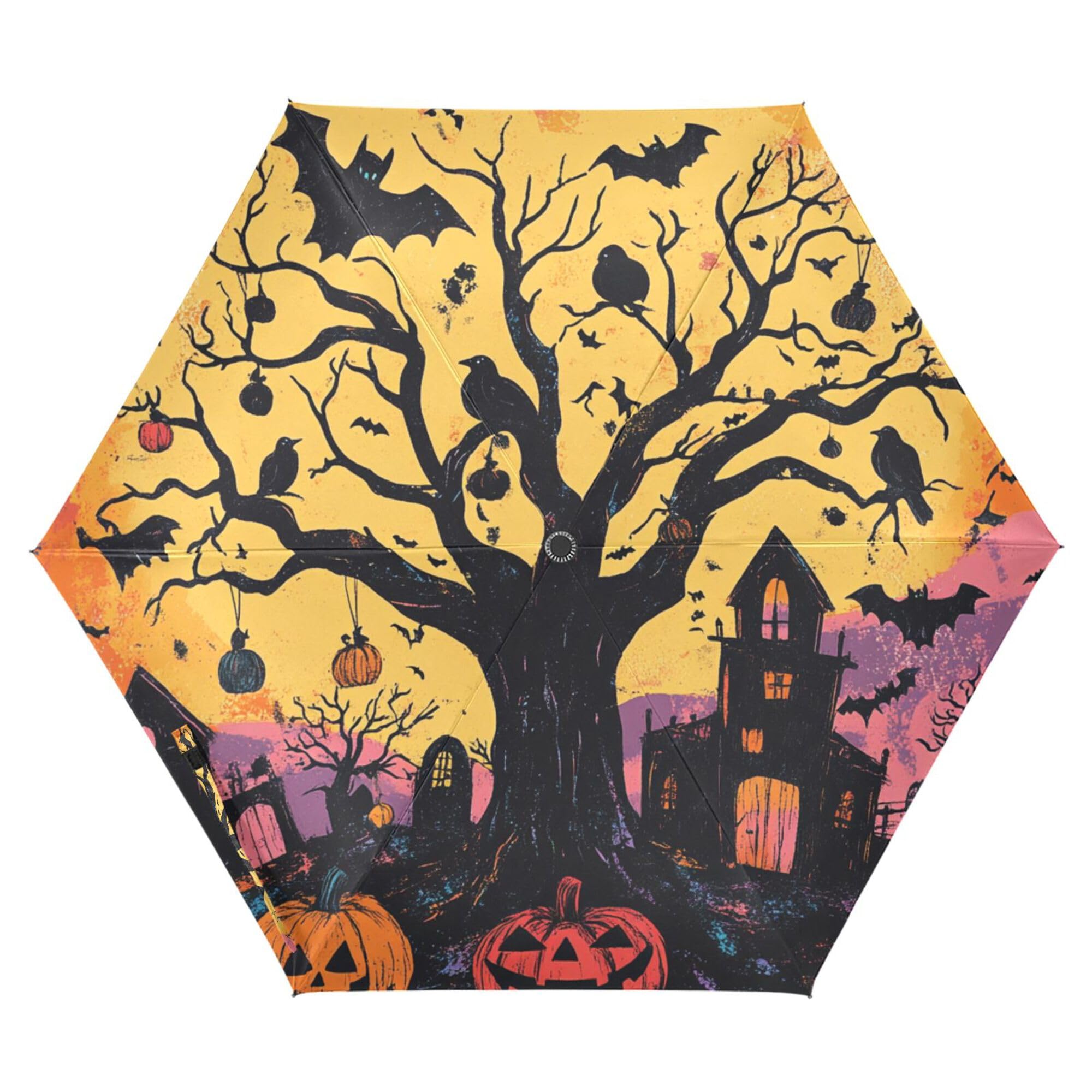 JUNZAN Witchy Halloween Bats Pumpkins Windproof Travel Umbrella 39 Inch Lightweight Automatic Open Close Mini Umbrella for Women Outdoor Defence Accessories