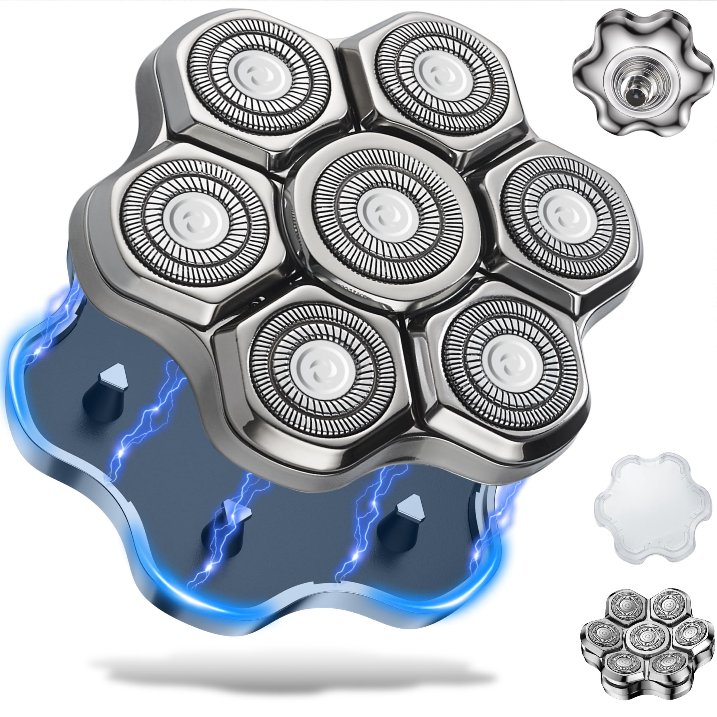 Universal Head Shaver Replacement Heads Magnetic 7 Blades Head Shaver Replacement Blades Compatible with Freebird Shaver & Other Brands (7msilver)