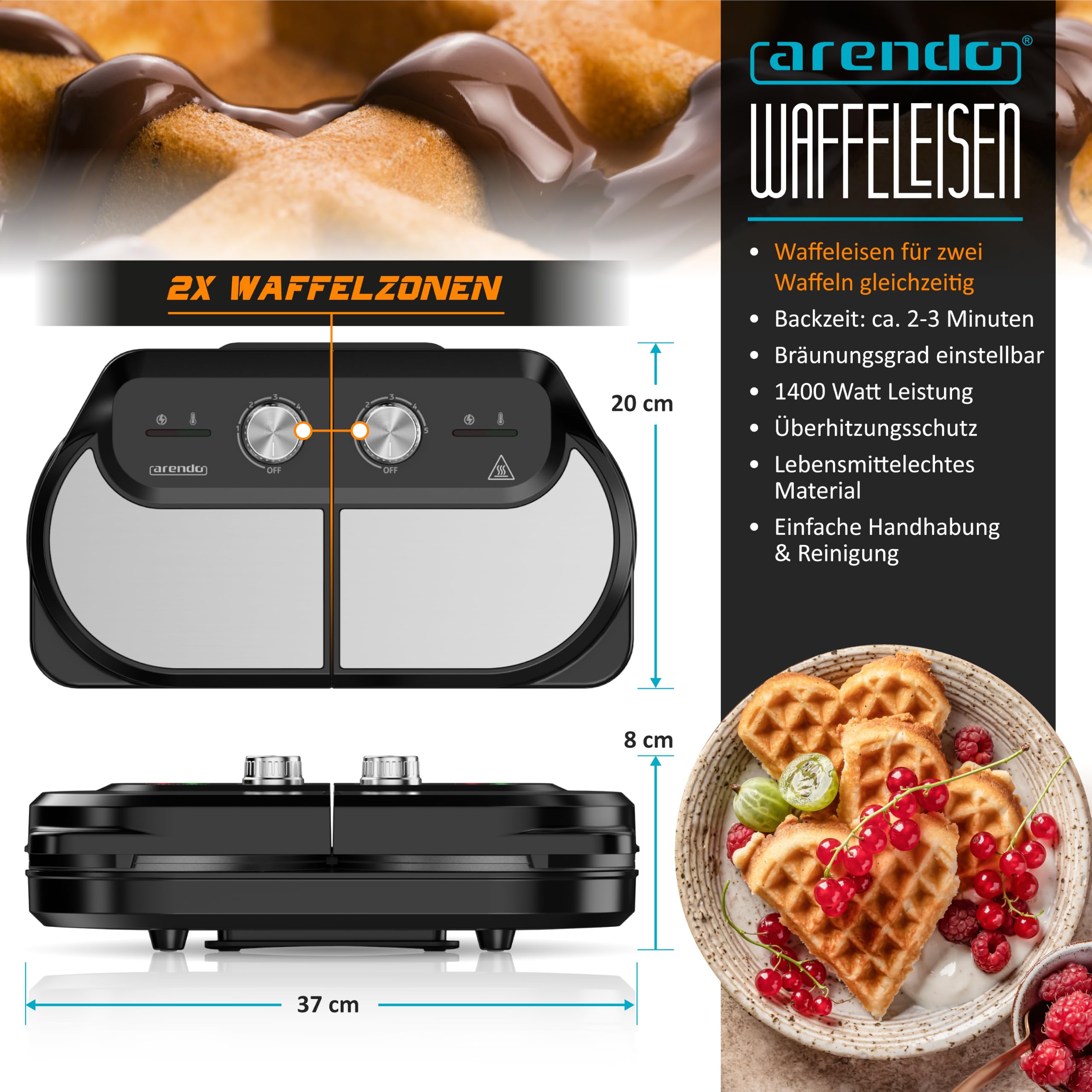 Arendo - Waffeleisen doppelt - Herzform - 2 Zonen - Temperaturregler - Antihaftbeschichtung – 1400 W - Edelstahl - silber/schwarz - BPA frei