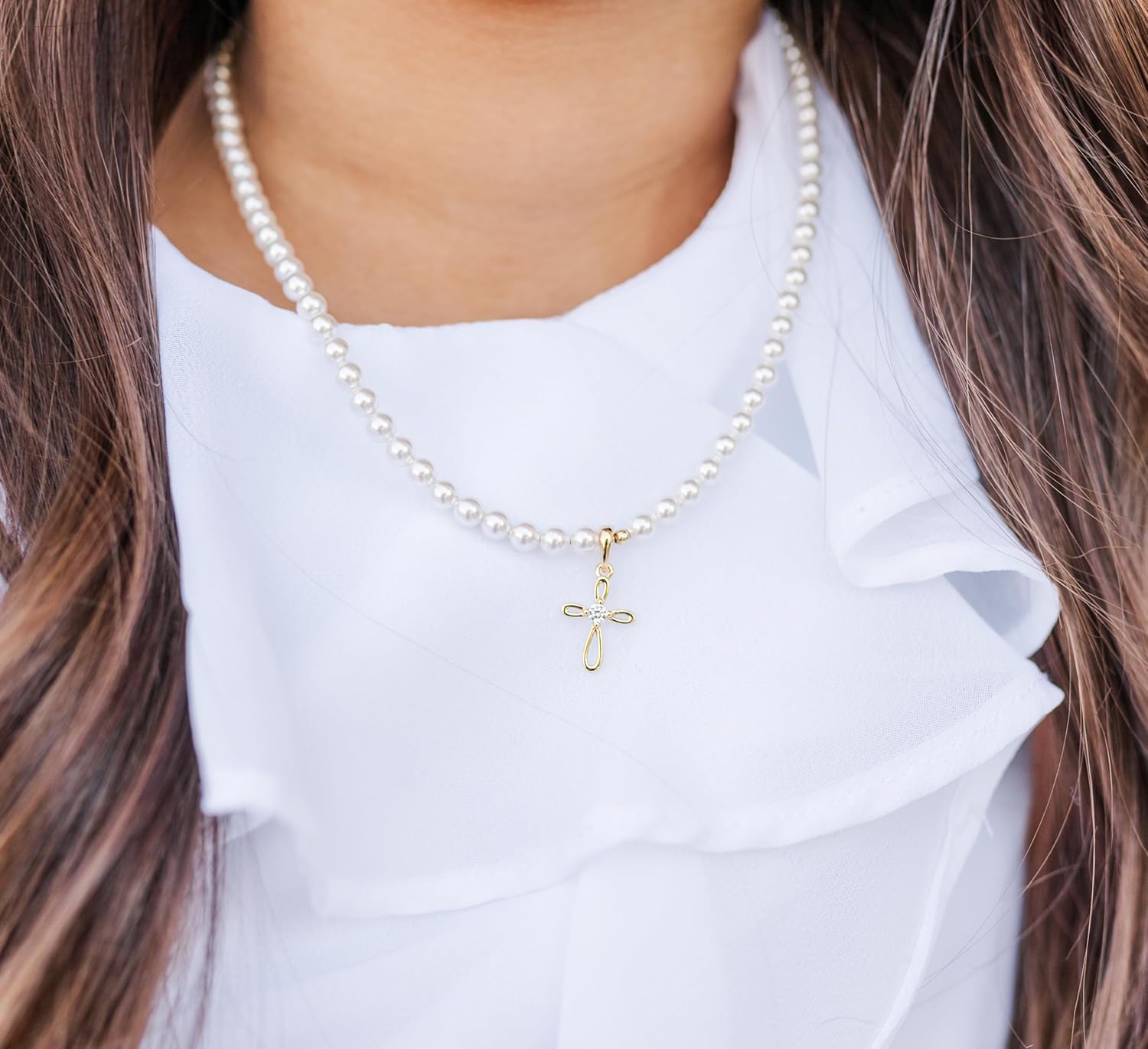 Children's 14K Gold Plated or 925 Sterling Silver Cross Bracelet with Simulated Pearls for Girls First Communion, Baptism, Christening or Dedication Gift
