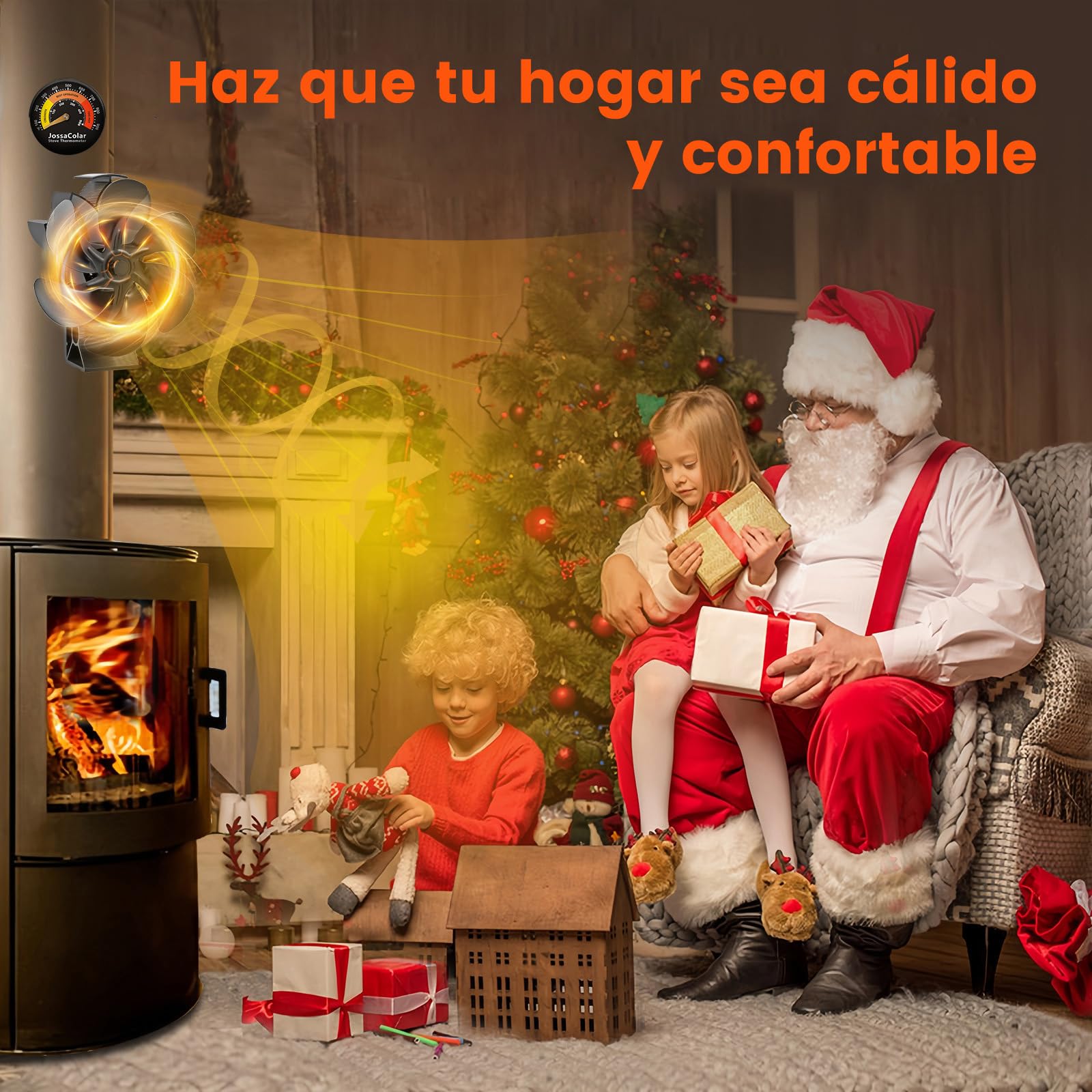 JossaColar Ventilador estufa leña Magnético 6 Aspas, ventilador chimenea leña con termómetro magnético, ventilador de chimenea, ventilador estufa