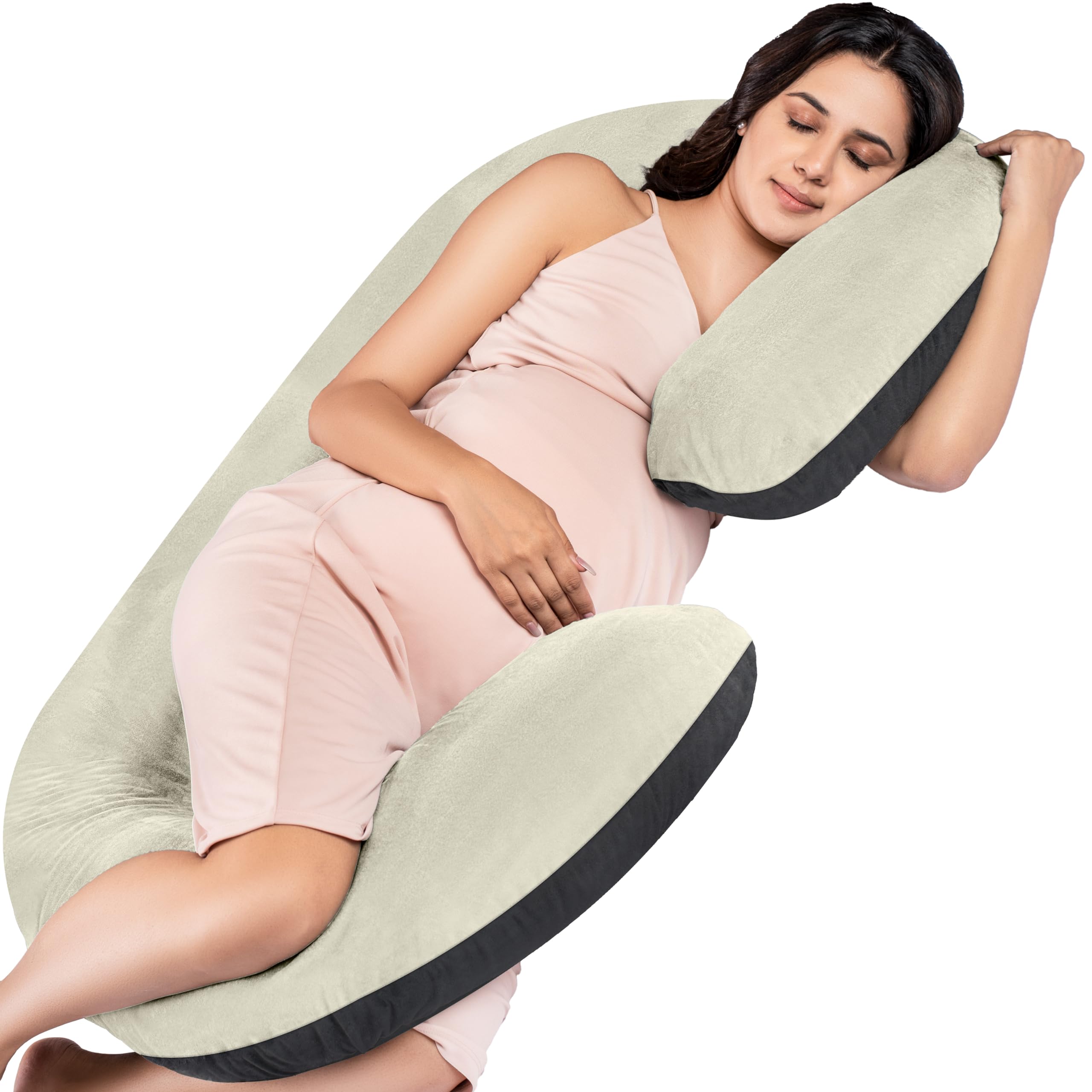 MY ARMOR Full Body C Shape Pregnancy Pillow for Women, Maternity Pillows for Pregnancy Sleeping, 3 Months Warranty, Premium Velvet Cover with Zip, Black + Cream